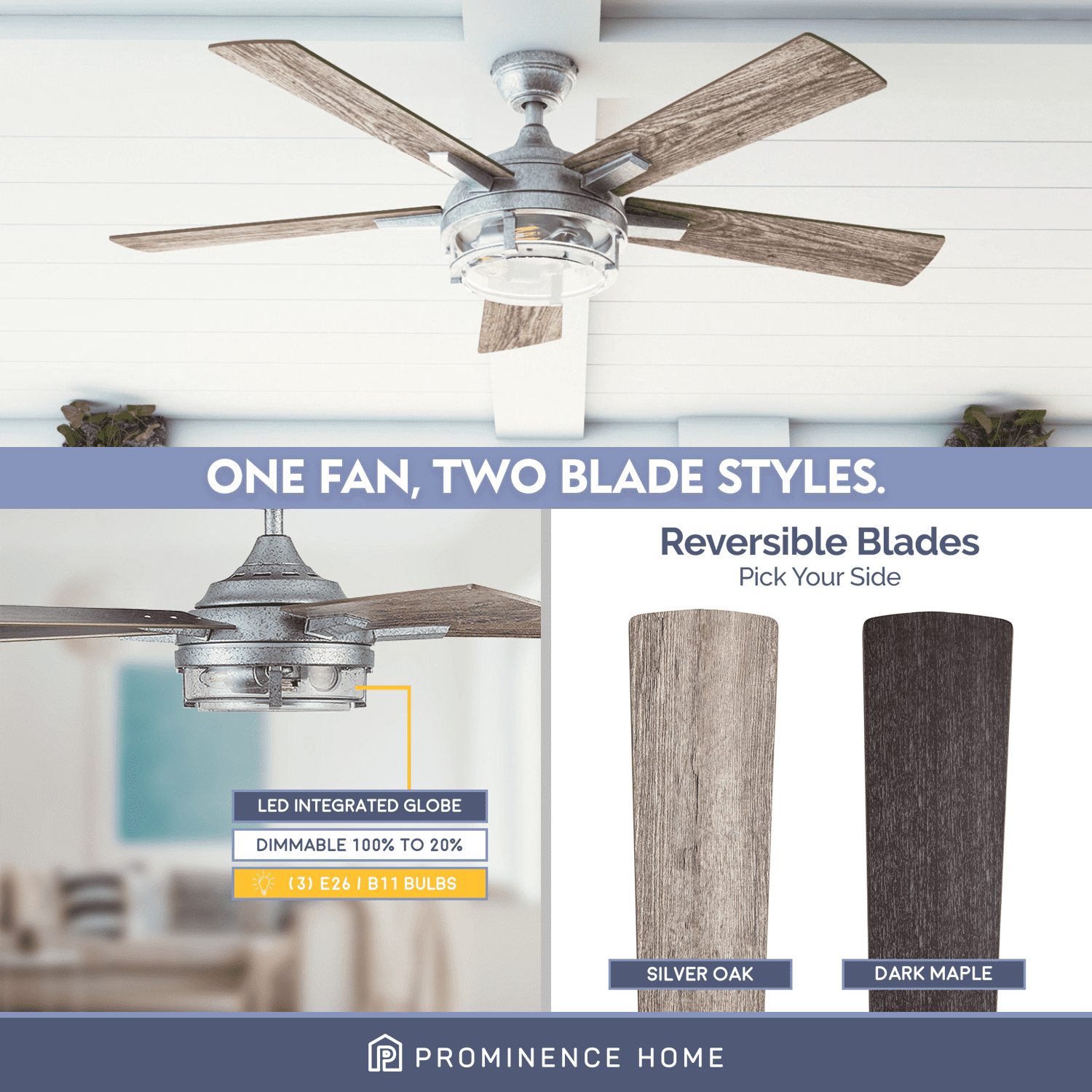 Prominence Home 52″ Freyr Galvanized Remote Control Ceiling Fan. Damp-Rated. Outdoor. 5 Blades