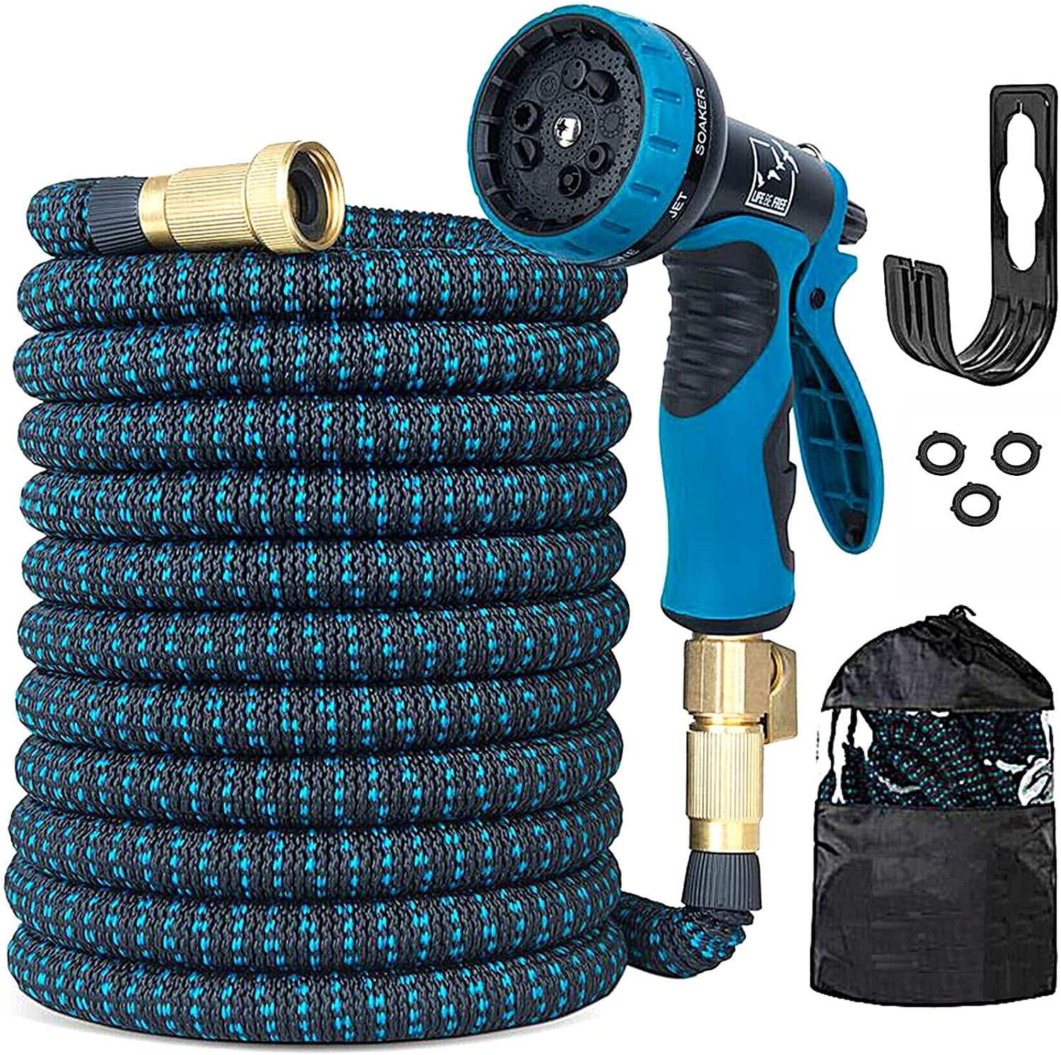 CozyBox 75ft Water Hose - Upgraded Leakproof Lightweight No-Kink Garden Hose. Flexible Expanding Water Hose with Triple Layered Latex Core. Bag and Holder (Blue)