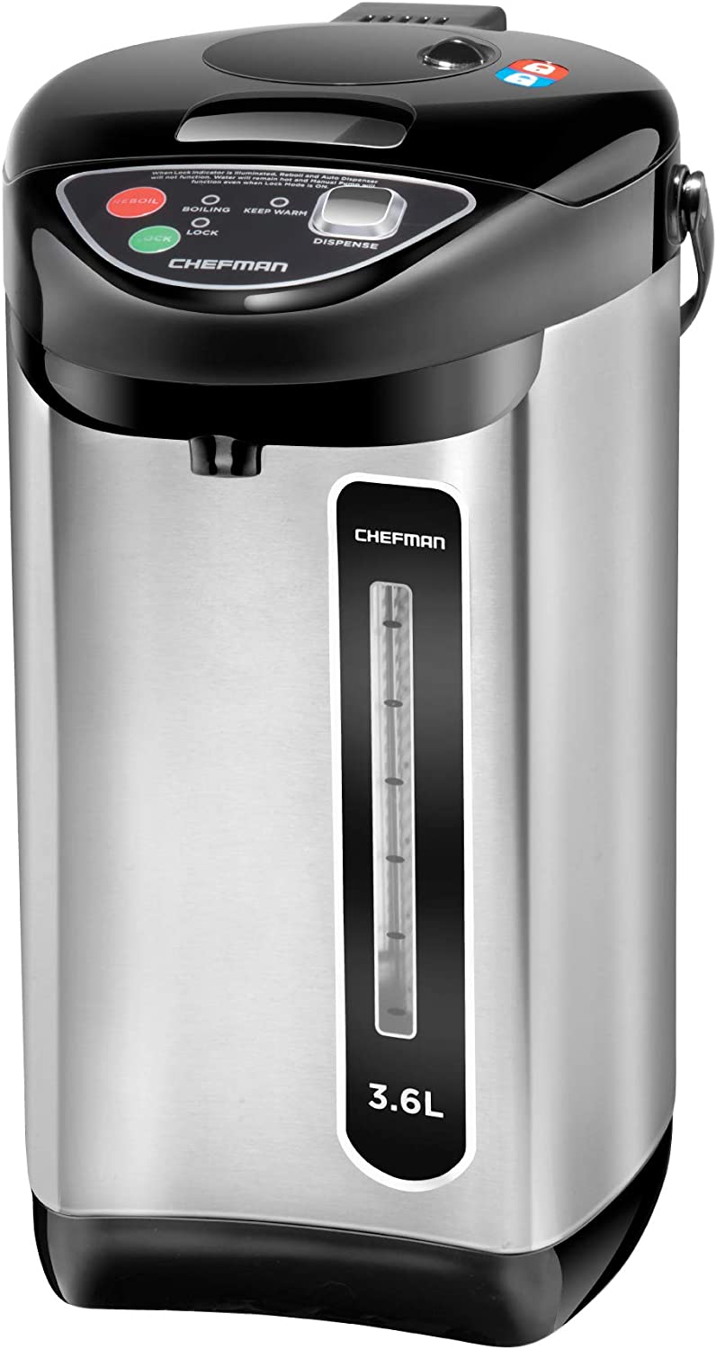 Chefman Electric Hot Water Pot Urn w/ Auto & Manual Dispense Buttons. Safety Lock. Instant Heating for Coffee & Tea. Auto-Shutoff/Boil Dry Protection. Insulated Stainless Steel. 5.3L/5.6 Qt/30+ Cups