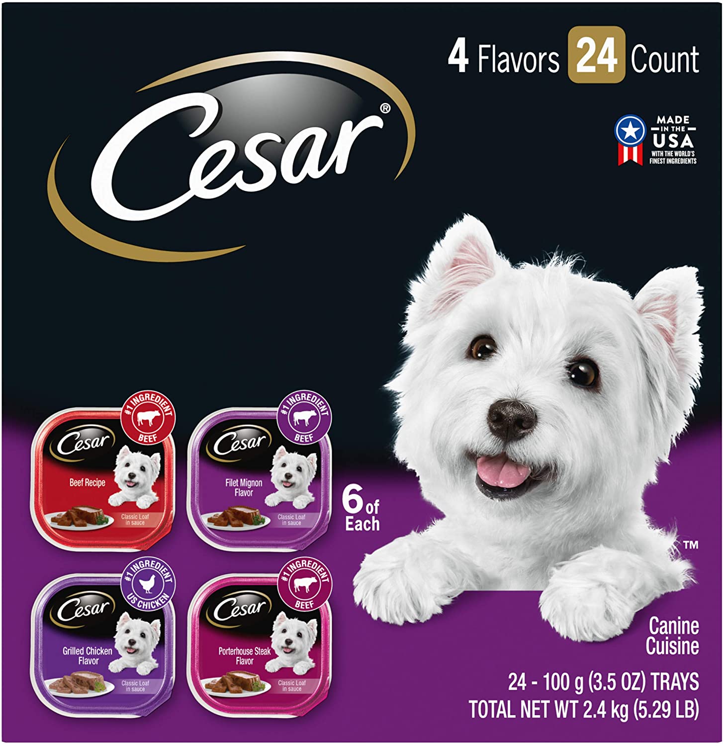 CESAR Soft Wet Dog Food Classic Loaf in Sauce Beef Recipe. Filet Mignon. Grilled Chicken and Porterhouse Steak Variety Pack. (24) 3.5 oz. Easy Peel Trays