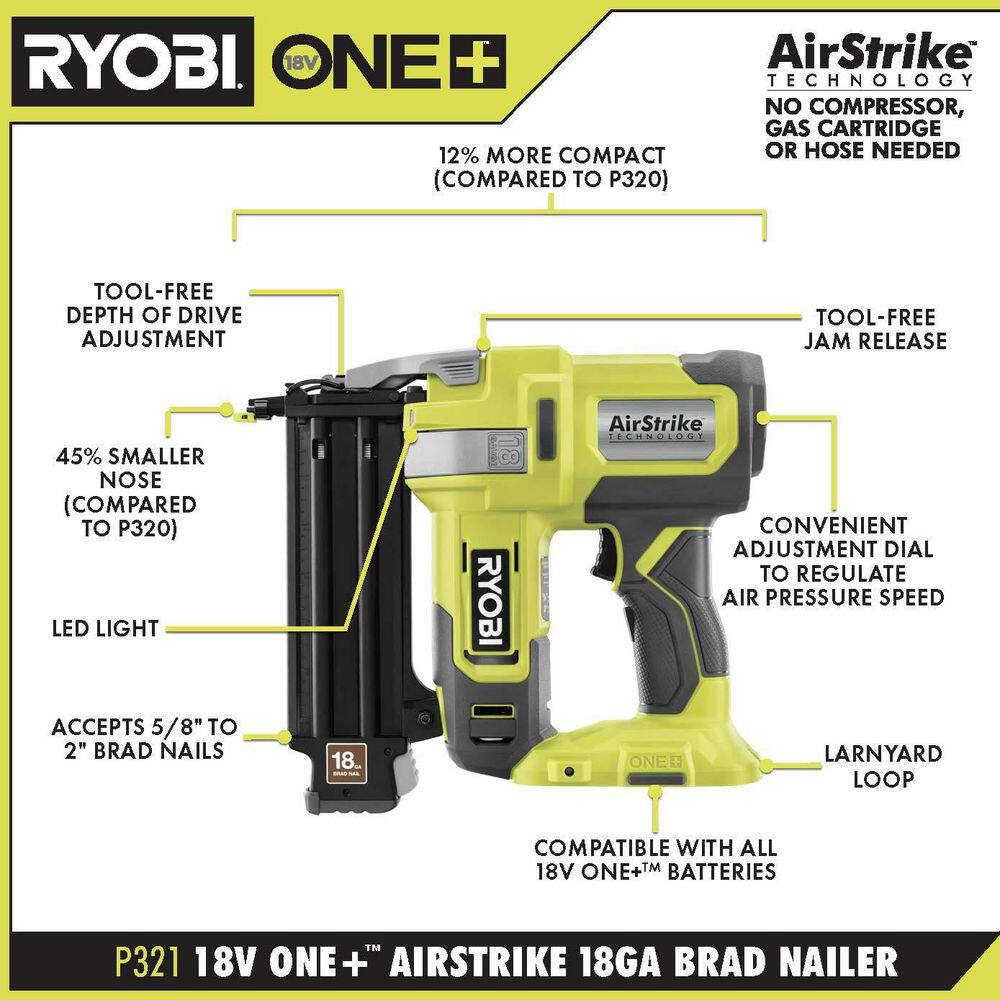 RYOBI P321 ONE+ 18V 18-Gauge Cordless AirStrike Brad Nailer (Tool Only)