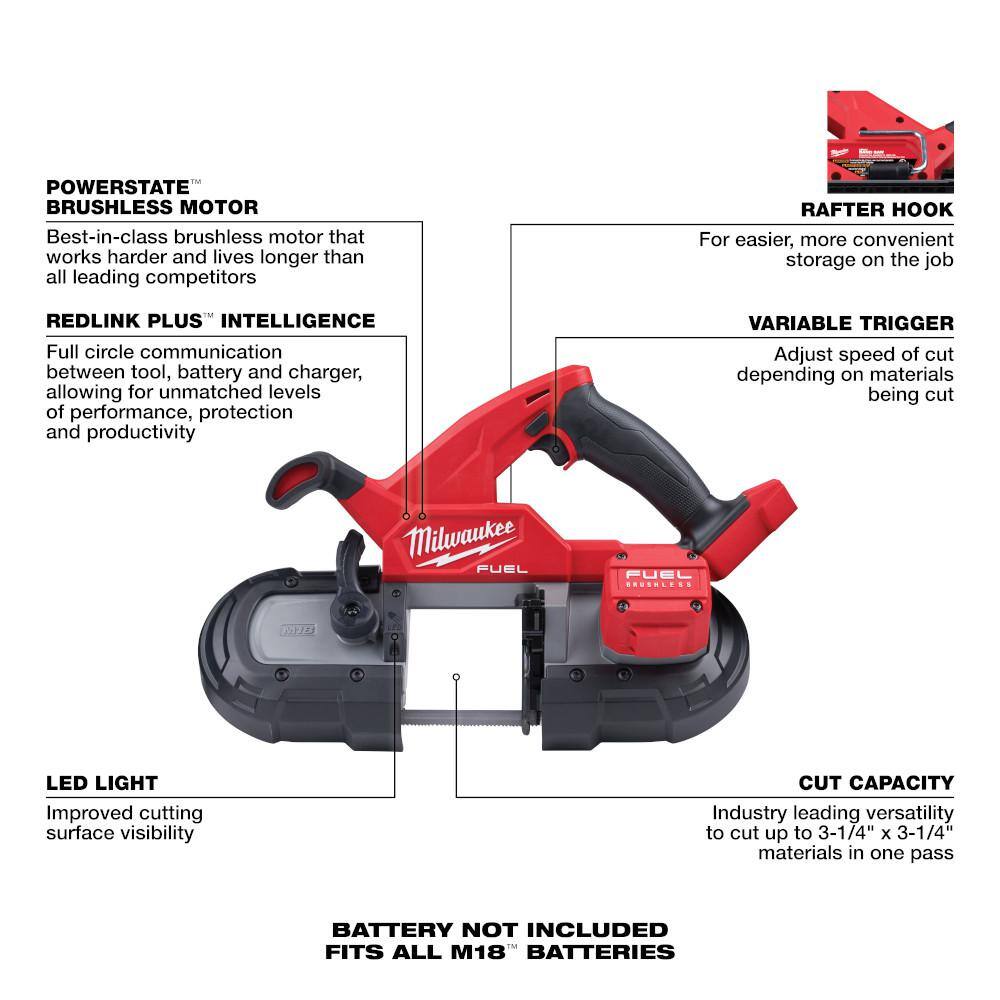 Milwaukee 2829-20-2880-20 M18 FUEL 18V Lithium-Ion Brushless Cordless Compact Bandsaw and 4-1/2 in./5 in. Grinder (2-Tool)