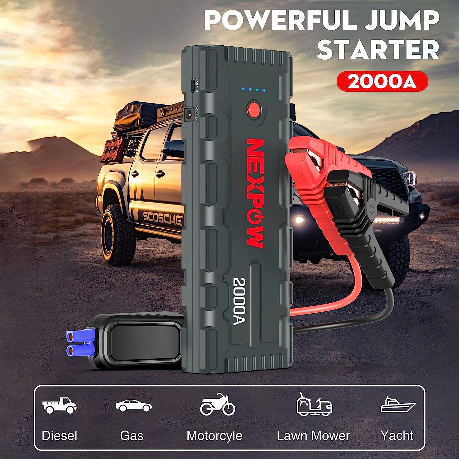 NEXPOW 2000A Peak Car Jump Starter with USB Quick Charge 3.0 (Up to 7.0L Gas or 6.5L Diesel Engine). 12V Portable Battery Starter. Battery Booster with Built-in LED Light. Gray