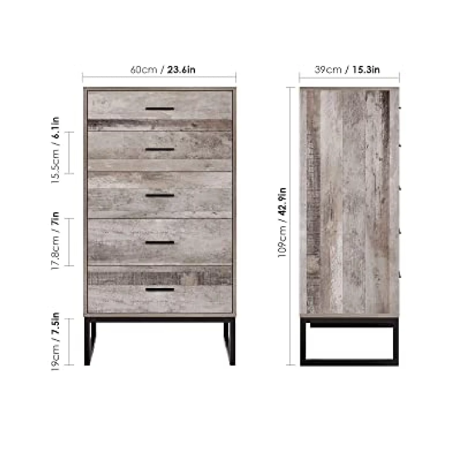 Homfa Tall Nightstand. 5 Drawer Dresser with Wide Storage Space. Narrow Bedside Table for Living Room. Dark Oak