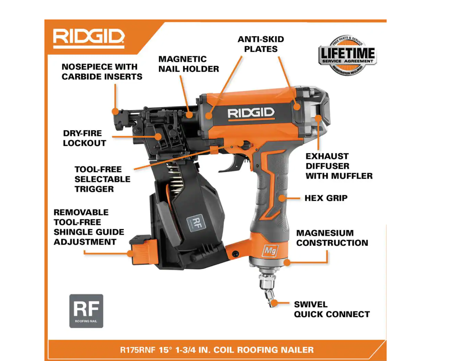 RIDGID R175RNF Pneumatic 15 Deg. 1-3/4 in. Coil Roofing Nailer