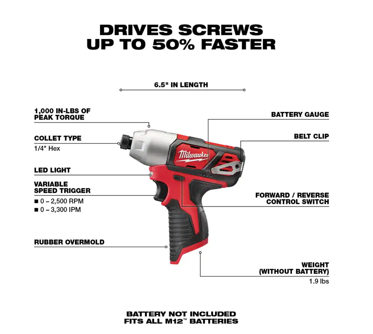 Milwaukee 2462-20 M12 12V Lithium-Ion Cordless 1/4 in. Hex Impact Driver (Tool-Only)