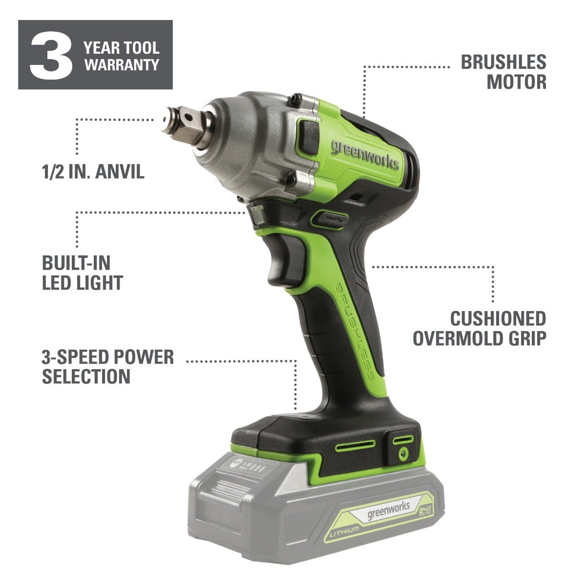 Greenworks 24V Brushless 1/2 in. Impact Wrench. Battery and Charger Not Included 3803402AZ