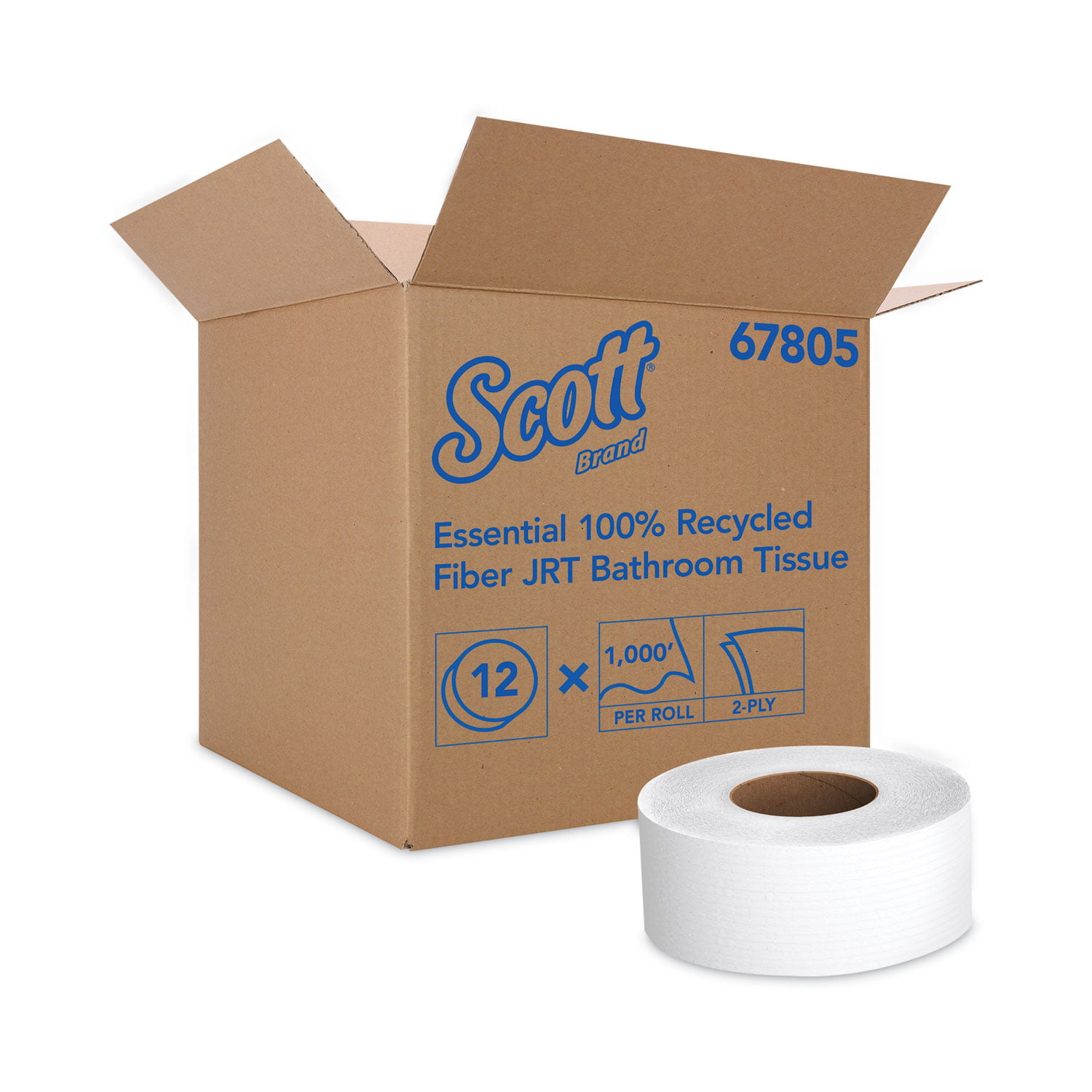 Scott Essential 100% Recycled Fiber JRT Bathroom Tissue for Business. Septic Safe. 2-Ply. White. 1000 ft. 12 Rolls/Carton