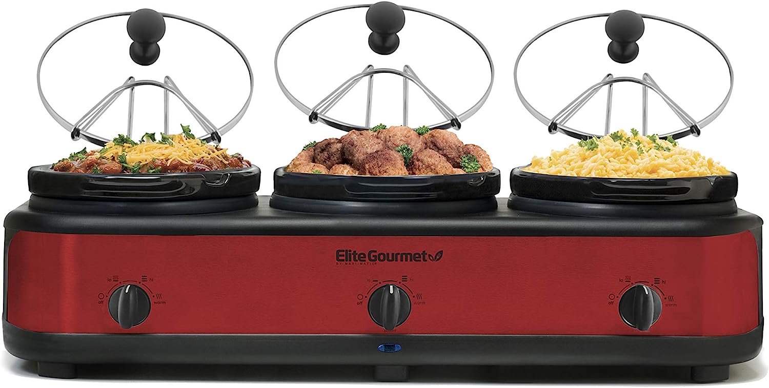Elite Platinum EWMST-325R Maxi-Matic Triple Slow Cooker Buffet Server Adjustable Temp Dishwasher-Safe Oval Ceramic Pots. Lid Rests. 3 x 2.5 Qt Capacity. Red