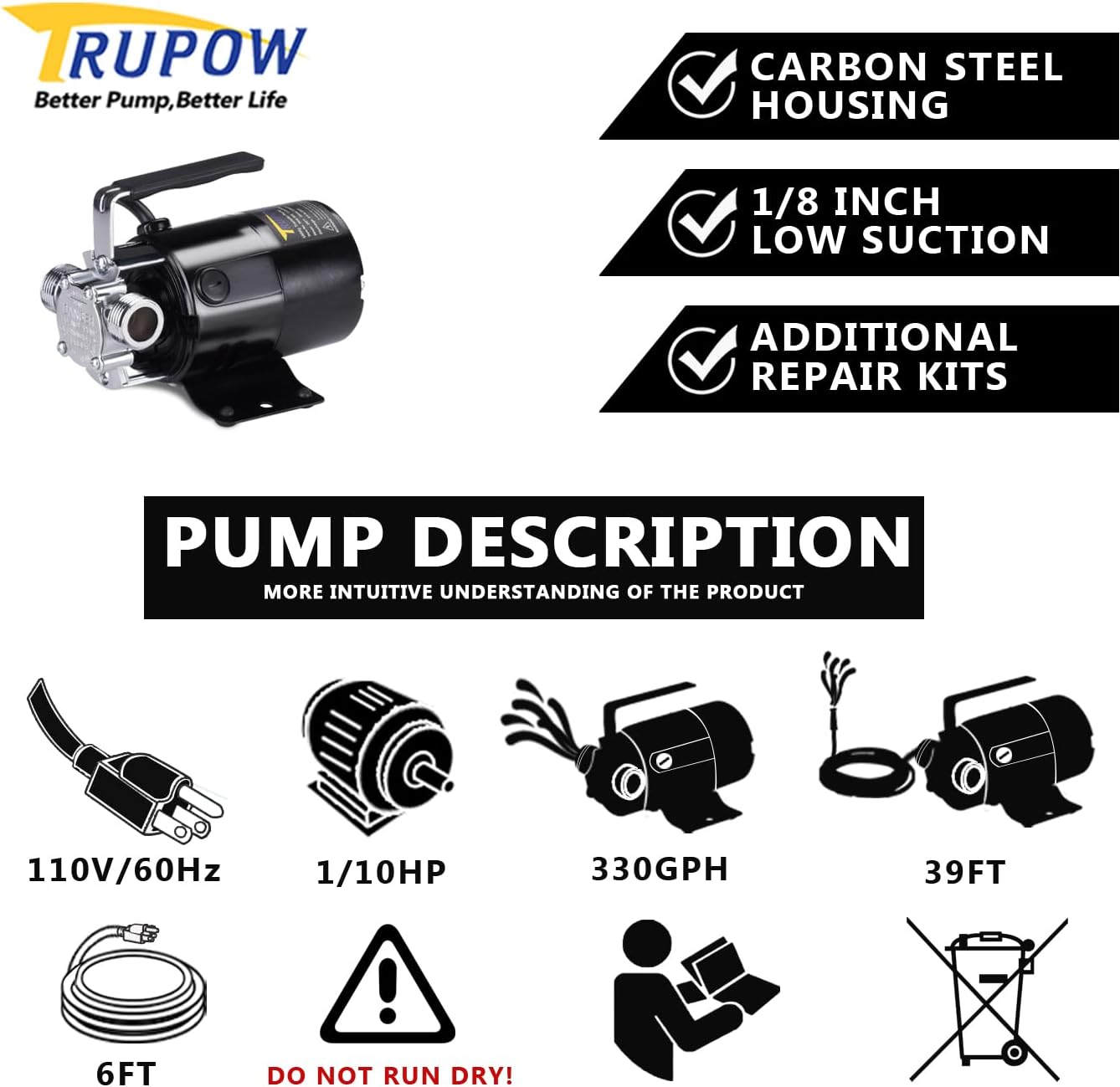 Trupow 1/10HP 330GPH 115-Volt Mini Portable Electric Utility Sump Transfer Water Pump with Water Hose Kit