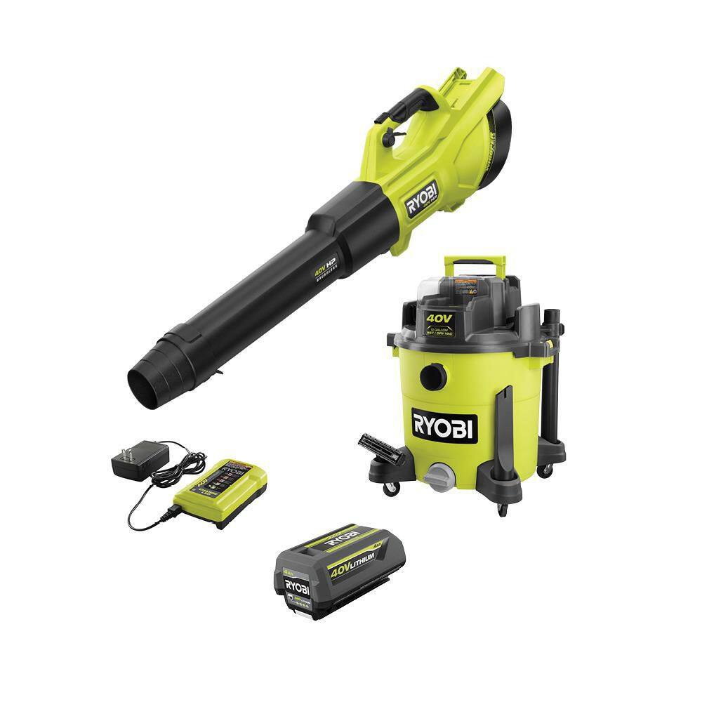 RYOBI RY40WD01K-RY404013BTLVNM 40V 10 Gal. Cordless Wet/Dry Vacuum with 40V HP Brushless Whisper Series Leaf Blower. 4.0 Ah Battery. and Charger
