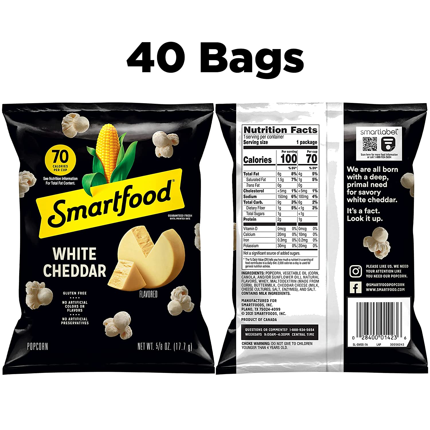 Smartfood White Cheddar Flavored Popcorn. 0.625 Ounce (Pack of 40)