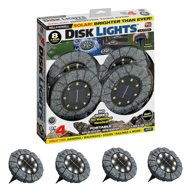 Bell+Howell 4 Packs Disk Lights Solar Ground Lights Stone Dark Gray (80-Lumen 3-Watt) - Upgraded Wireless Solar Garden Waterproof Lighting 8 LED Bulbs for Patio. Garden. Yard. As Seen On TV