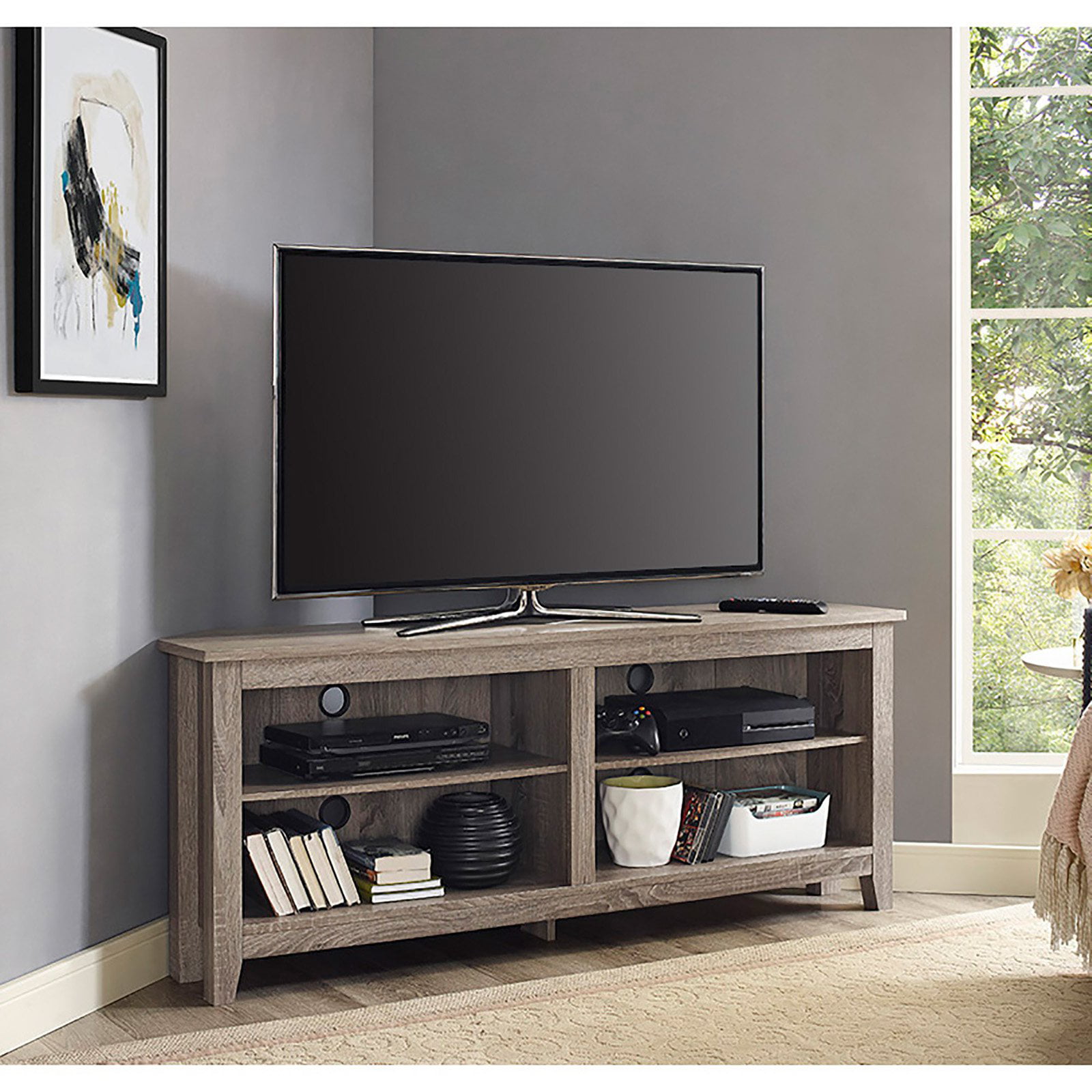 Woven Paths Transitional Corner TV Stand for TVs up to 65″. Driftwood