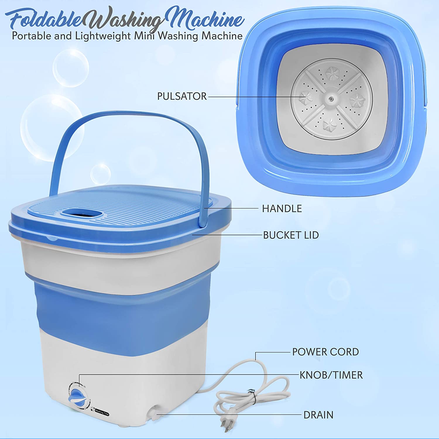 Pure Clean PUCWM33.5 Portable Mini Washing Machine Lightweight Collapsible Bucket - Perfect for Camping. Travelling. Apartment. Dorm USA Brand. Light Blue