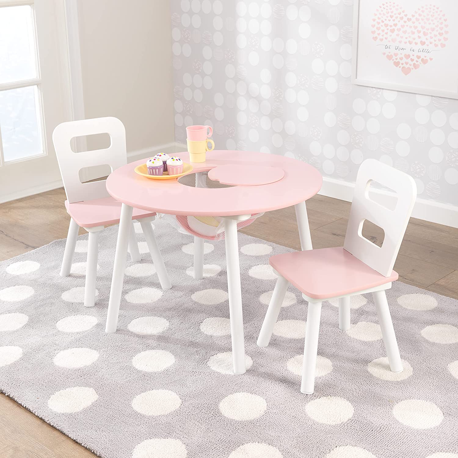 KidKraft Wooden Round Table & 2 Chair Set with Center Mesh Storage- Pink & White. 23.5 x 23.5 x 17.2
