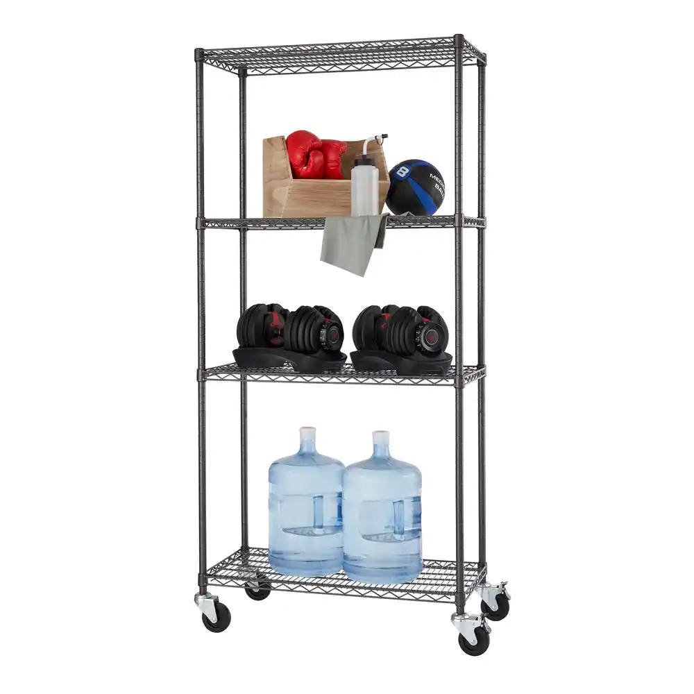 TRINITY TBFPBA-0920 PRO Black 4-Tier Rolling Steel Wire Garage Storage Shelving Unit (36 in. W x 77 in. H x 18 in. D)
