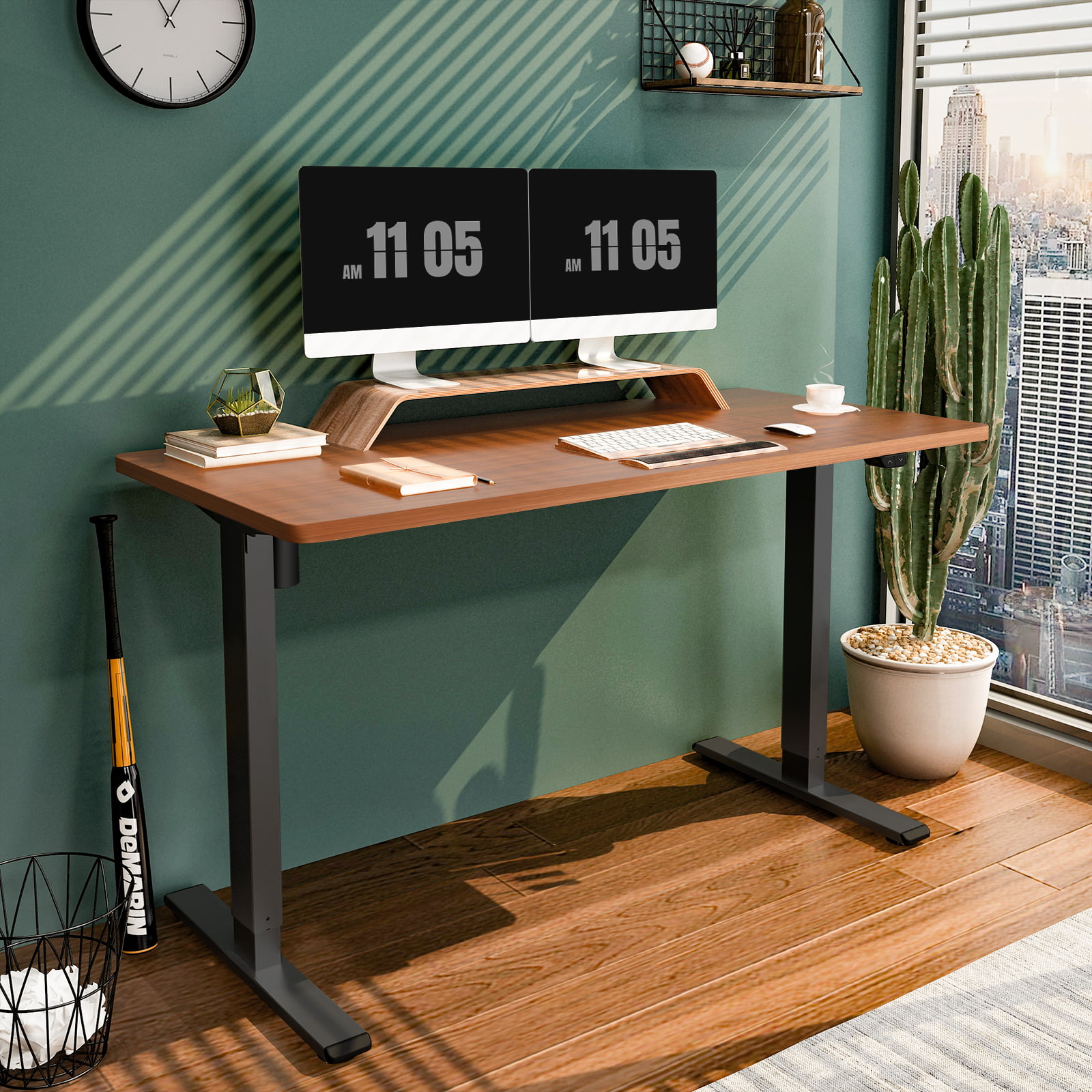 FLEXISPOT 55″ x 28″ Home Office Electric Height Adjustable Standing Desk Black Frame and Mahogany Top
