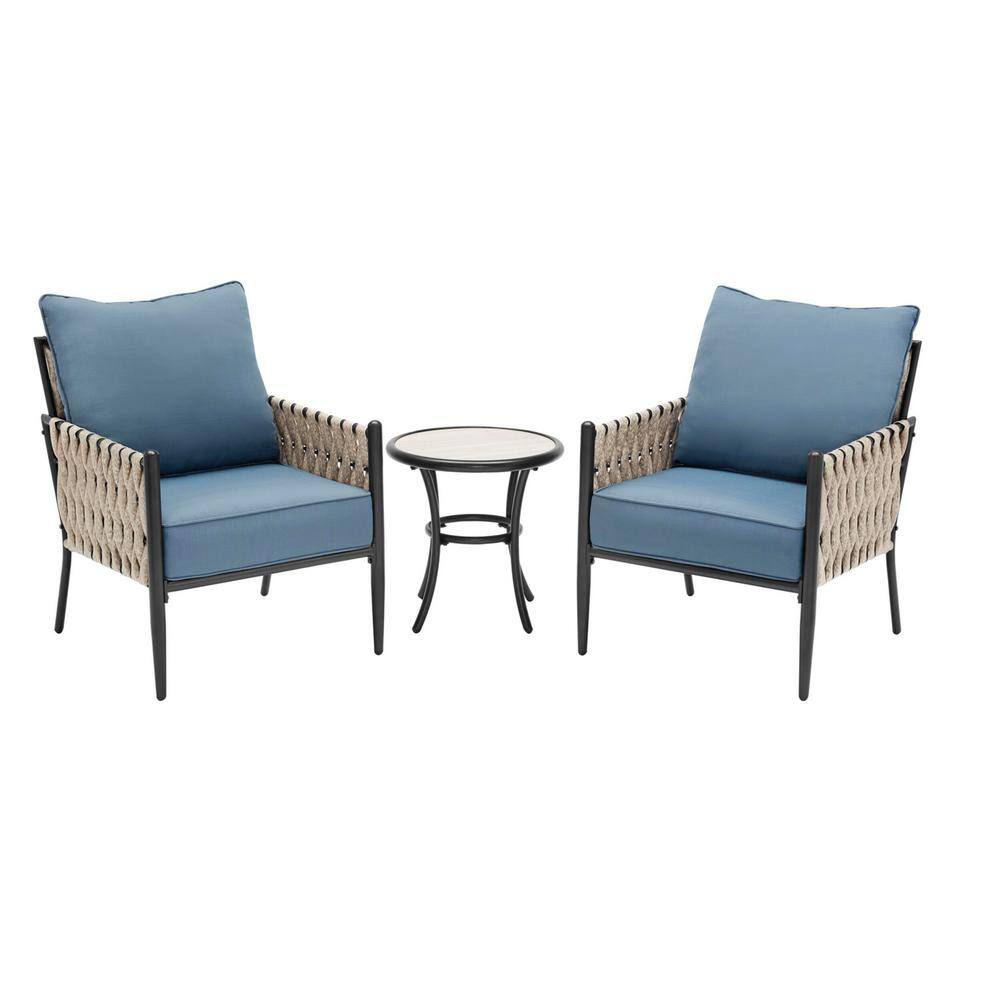 Hampton Bay  Dockview 3-Piece Metal Outdoor Patio Bistro Set with Blue Cushions