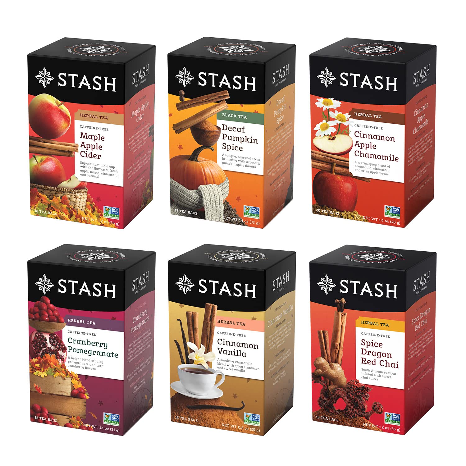 Stash Tea Fall for Autumn 6 Flavor Tea Sampler. 6 Boxes (120 Tea Bags Total)
