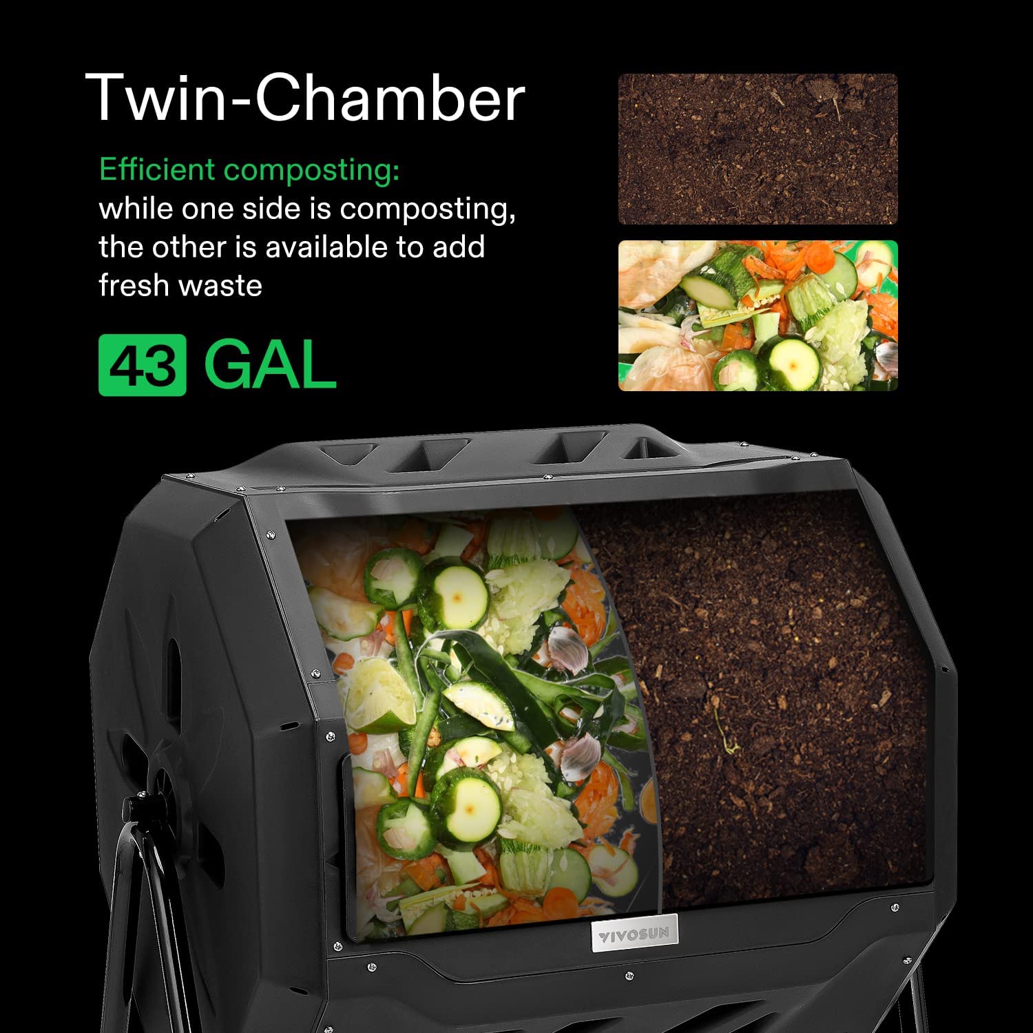 VIVOSUN Outdoor Tumbling Composter Dual Rotating Batch Compost Bin. 43 Gallon Orange Door