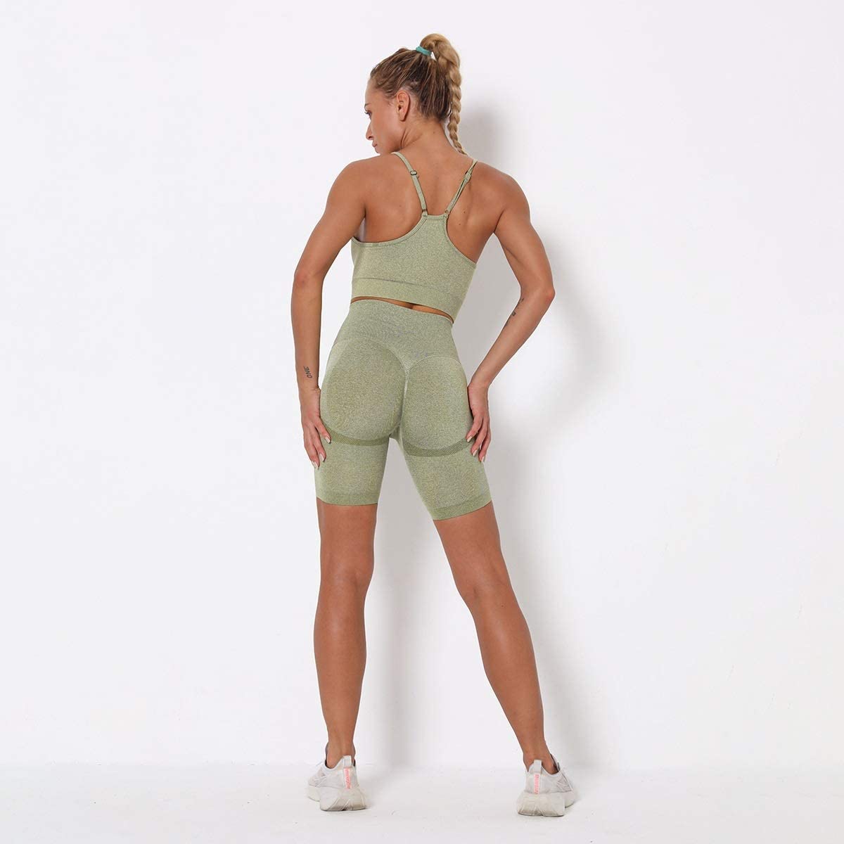 PDGJG Knitted Seamless Yoga Suit Summer Shorts Gym Workout Running Push-up Fitness Bra High Waist Shorts Halter Leggings Set. Green