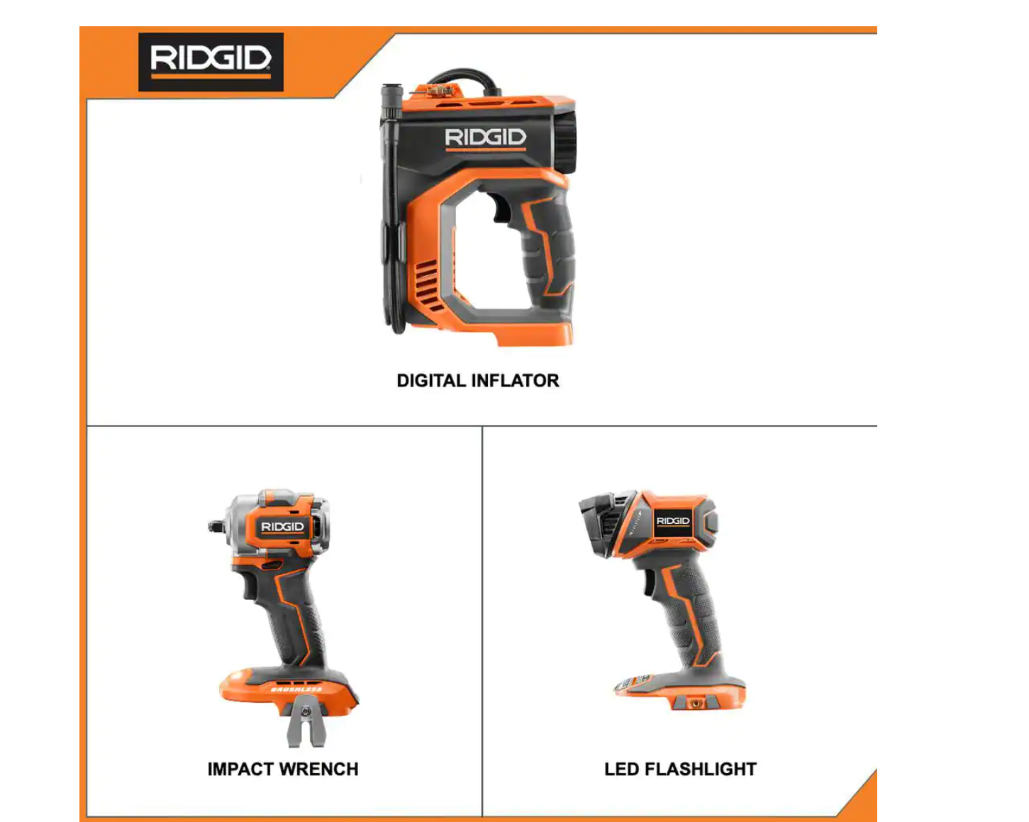 RIDGID R92162SBN-R860445B 18V Cordless 3-Tool Combo Kit w/ SubCompact Brushless Impact Wrench. Inflator. & Torch Light (Tools Only) w/ Grease Gun