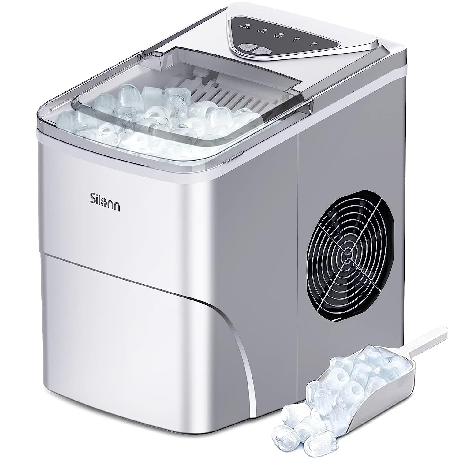 Silonn Ice Makers Countertop. 9 Cubes Ready in 6 Mins. 26lbs in 24Hrs. Self-Cleaning Ice Machine with Ice Scoop and Basket. 2 Sizes of Bullet Ice for Home Kitchen Office Bar Party. Silver