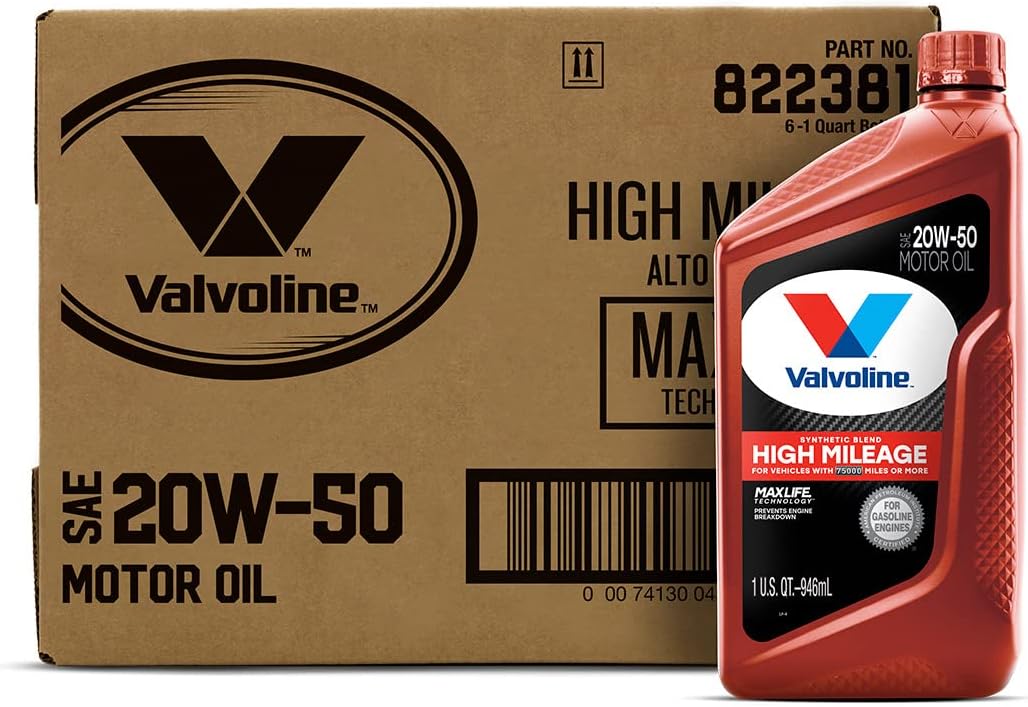 Valvoline High Mileage with MaxLife Technology SAE 20W-50 Synthetic Blend Motor Oil 1 QT. Case of 6