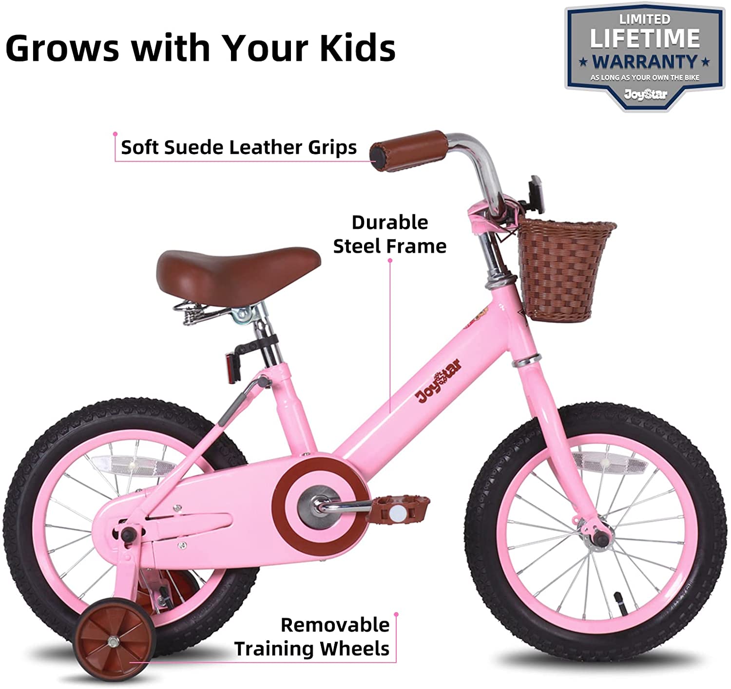 JOYSTAR Vintage 12 Inch Kids Bike with Basket & Training Wheels for 2-7 Years Old Girls & Boys (Green. Beige & Pink)