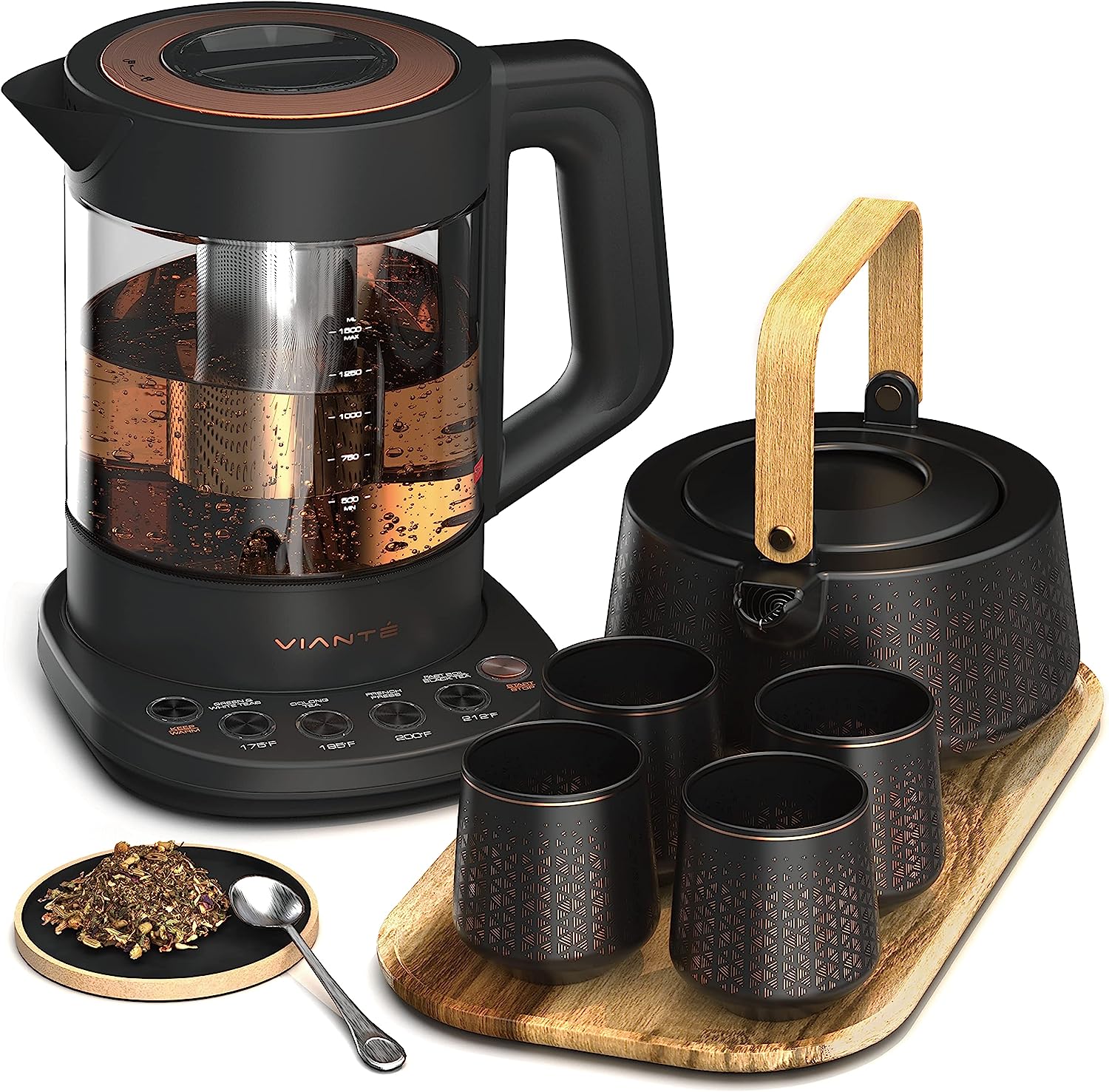 Vianté Luxury Tea Party Set. Complete with Automatic Tea Maker with Tea Infuser for loose tea or tea bags. Ceramic serving set. Tea pot. tea cup set and wooden tray. Excellent gift for tea lovers.
