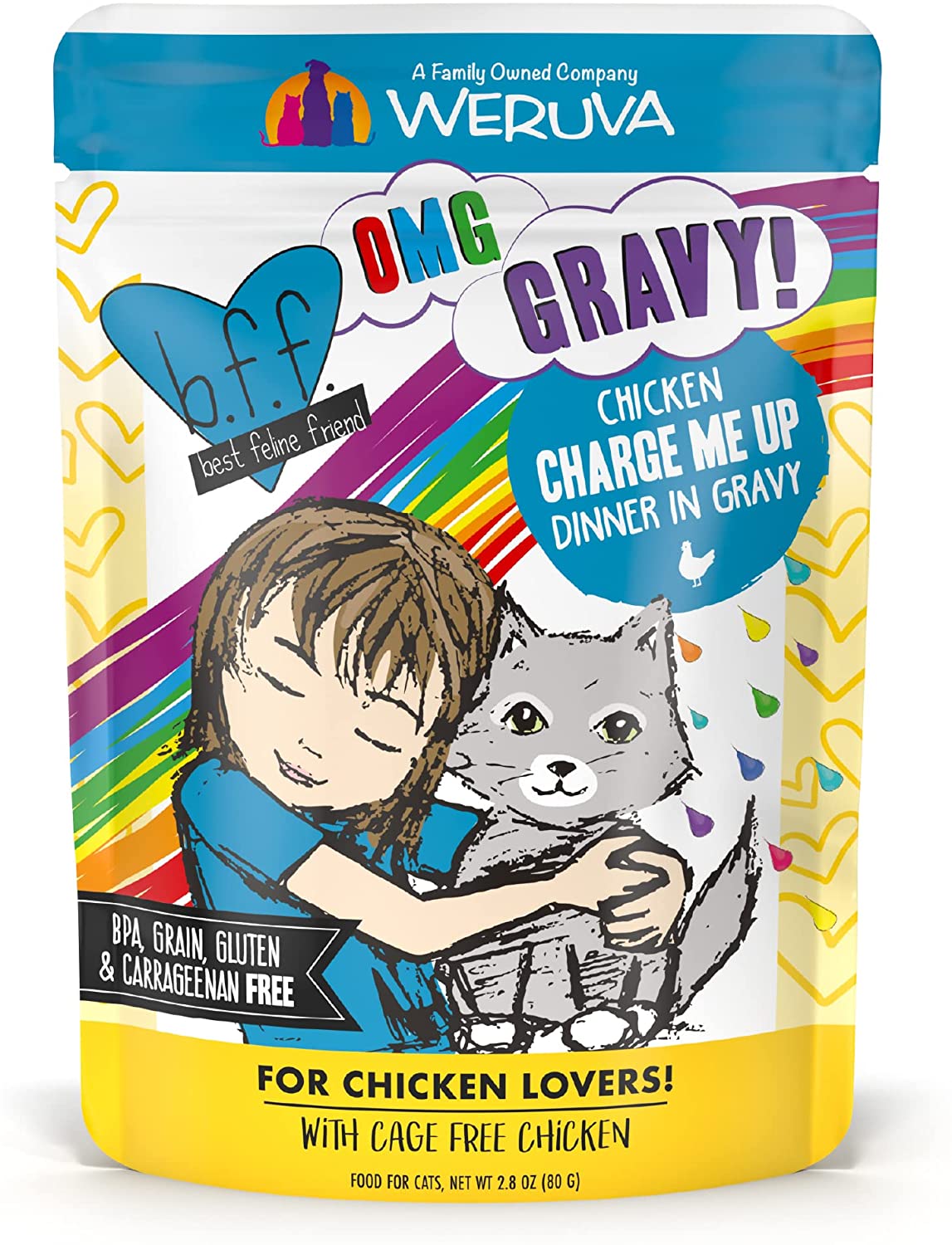 Weruva Wet Cat Food B.F.F. OMG - Best Feline Friend Oh My Gravy!. Chicken Charge Me Up with Chicken in Gravy. 2.8oz Pouch (Pack of 12)