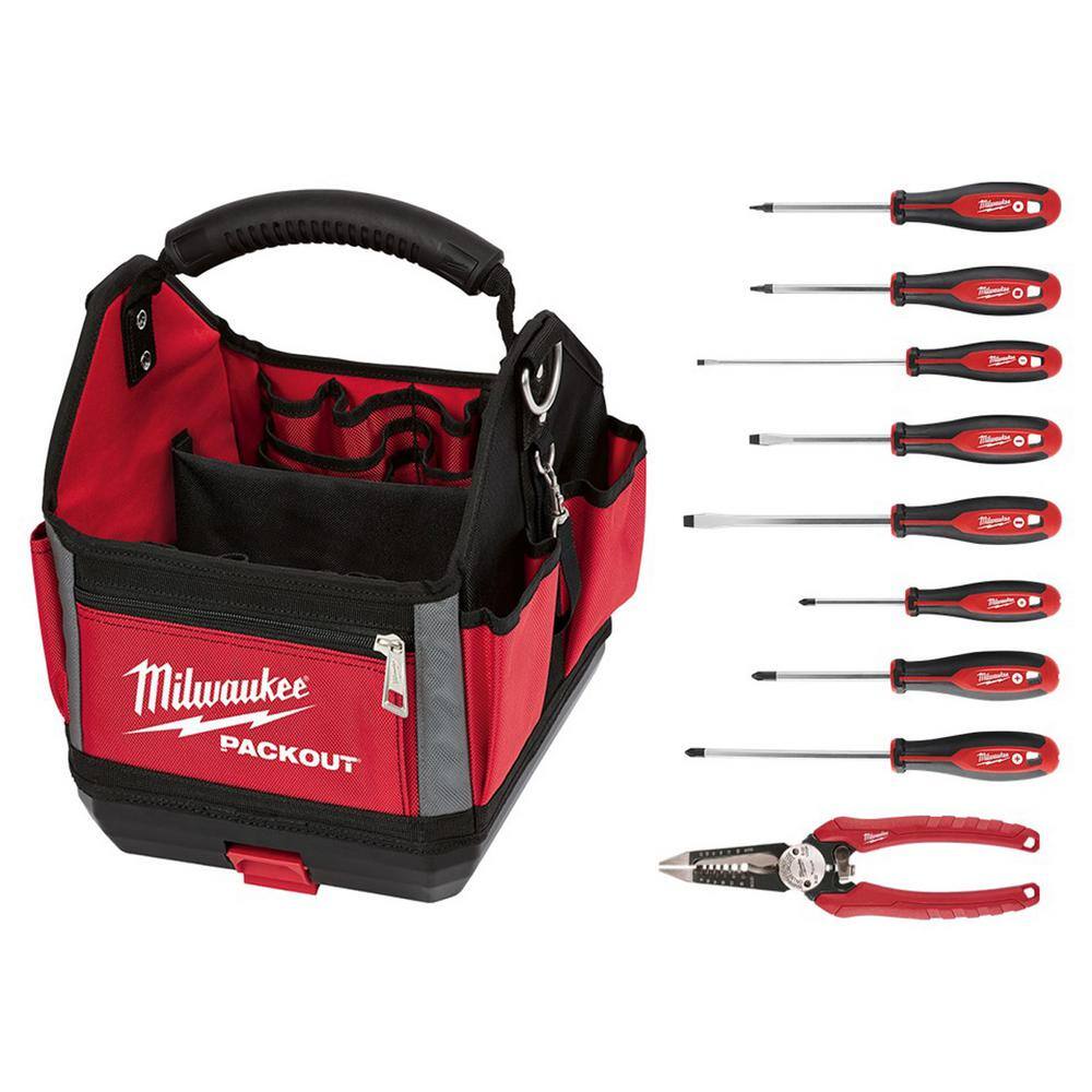 Milwaukee 48-22-8310-48-22-2718-48-22-3079 10 in. PACKOUT Tote with 6-in-1 Wire Strippers Pliers and Screwdriver Set (10-Piece)