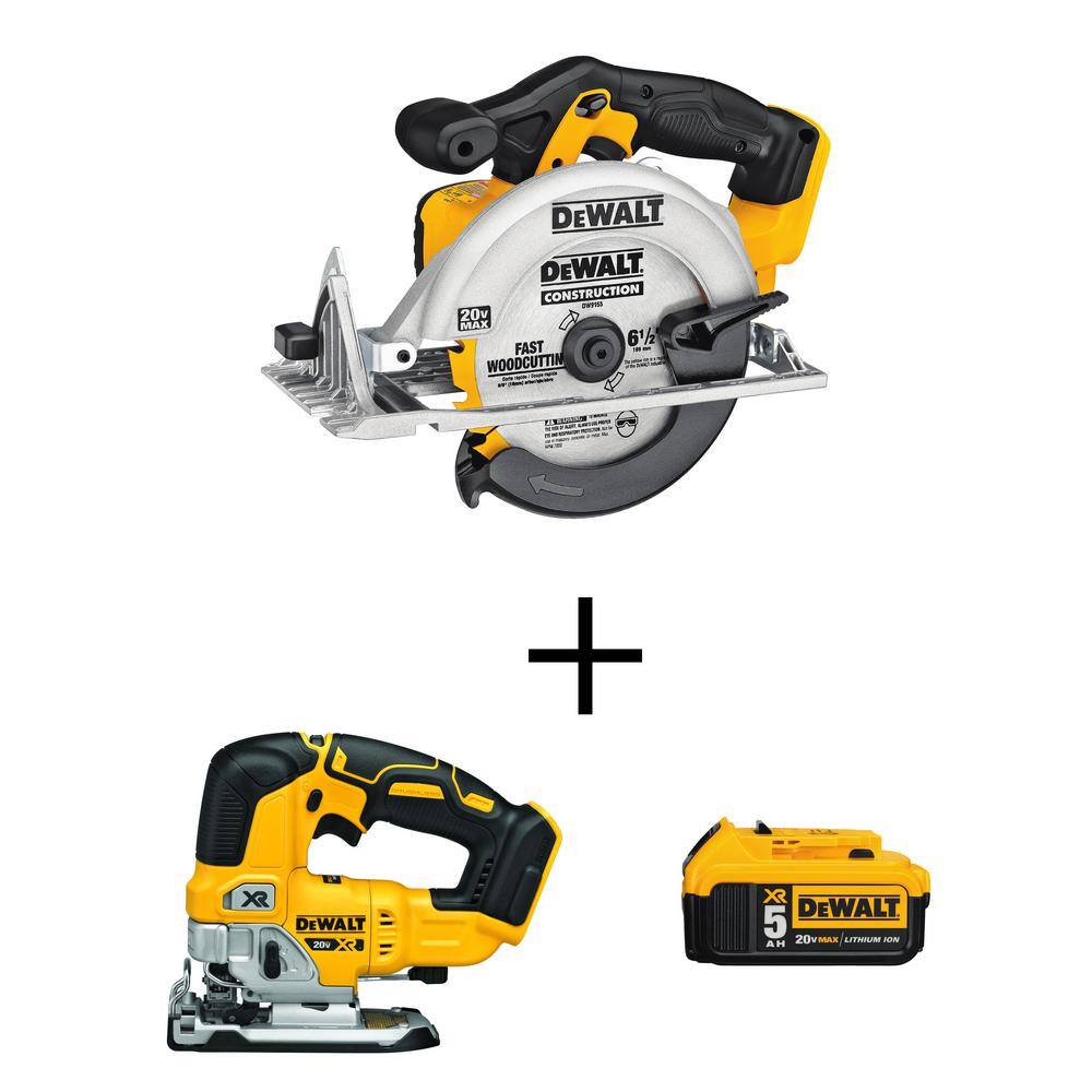 DEWALT DCS391BW334205 20V MAX Cordless 6-1/2 in. Circular Saw. 20V Brushless Jigsaw. and (1) 20V MAX XR Premium Lithium-Ion 5.0Ah Battery