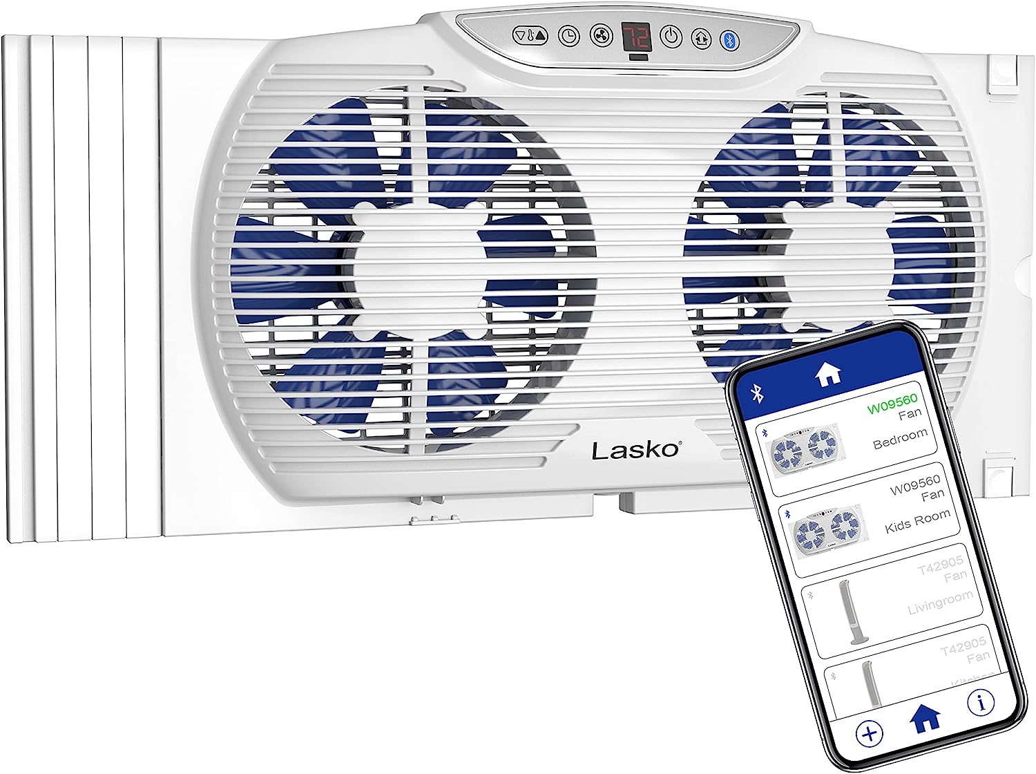 Lasko W09560 Bluetooth Enabled Twin 9-Inch Window Fan with Independent Electrically Reversible Intake & Exhaust Motors with Thermostat and Timer for Bedroom Indoor Home Use. White
