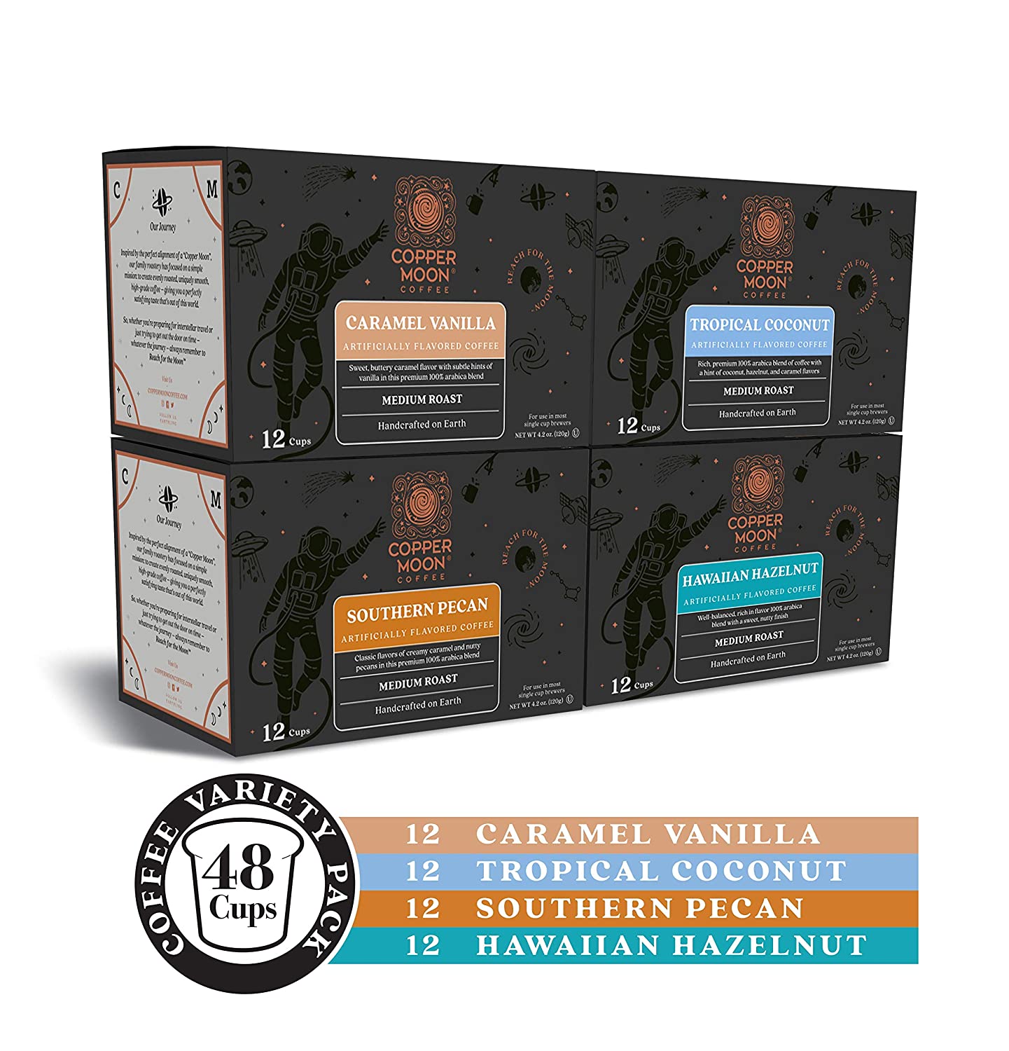 Copper Moon Single Serve Coffee Pods for Keurig K Cup Brewers. Flavored Variety Pack. Medium Roast Coffee. 48 Count (12 each: Caramel Vanilla. Tropical Coconut. Hawaiian Hazelnut. Southern Pecan)