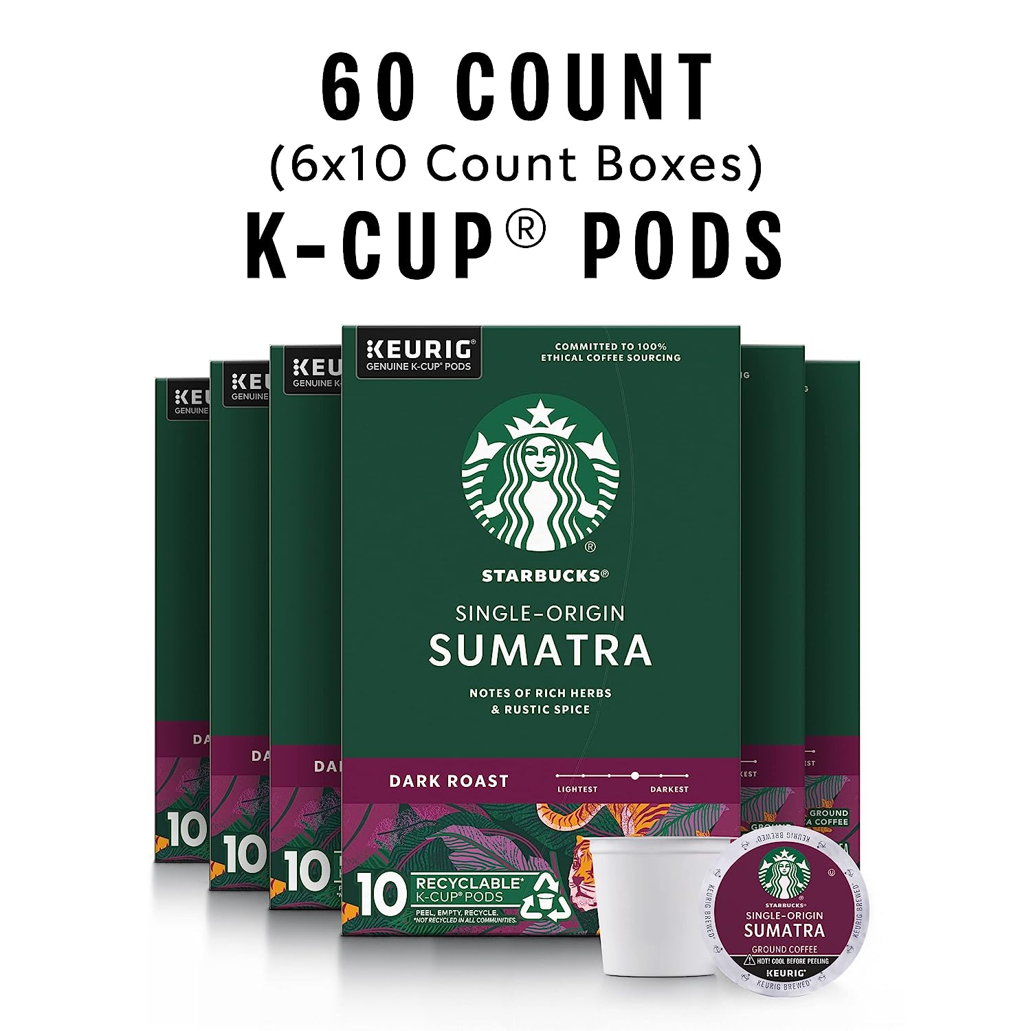 Starbucks K-Cup Coffee Pods—Dark Roast Coffee—Sumatra for Keurig Brewers—100% Arabica—6 boxes (60 pods total)