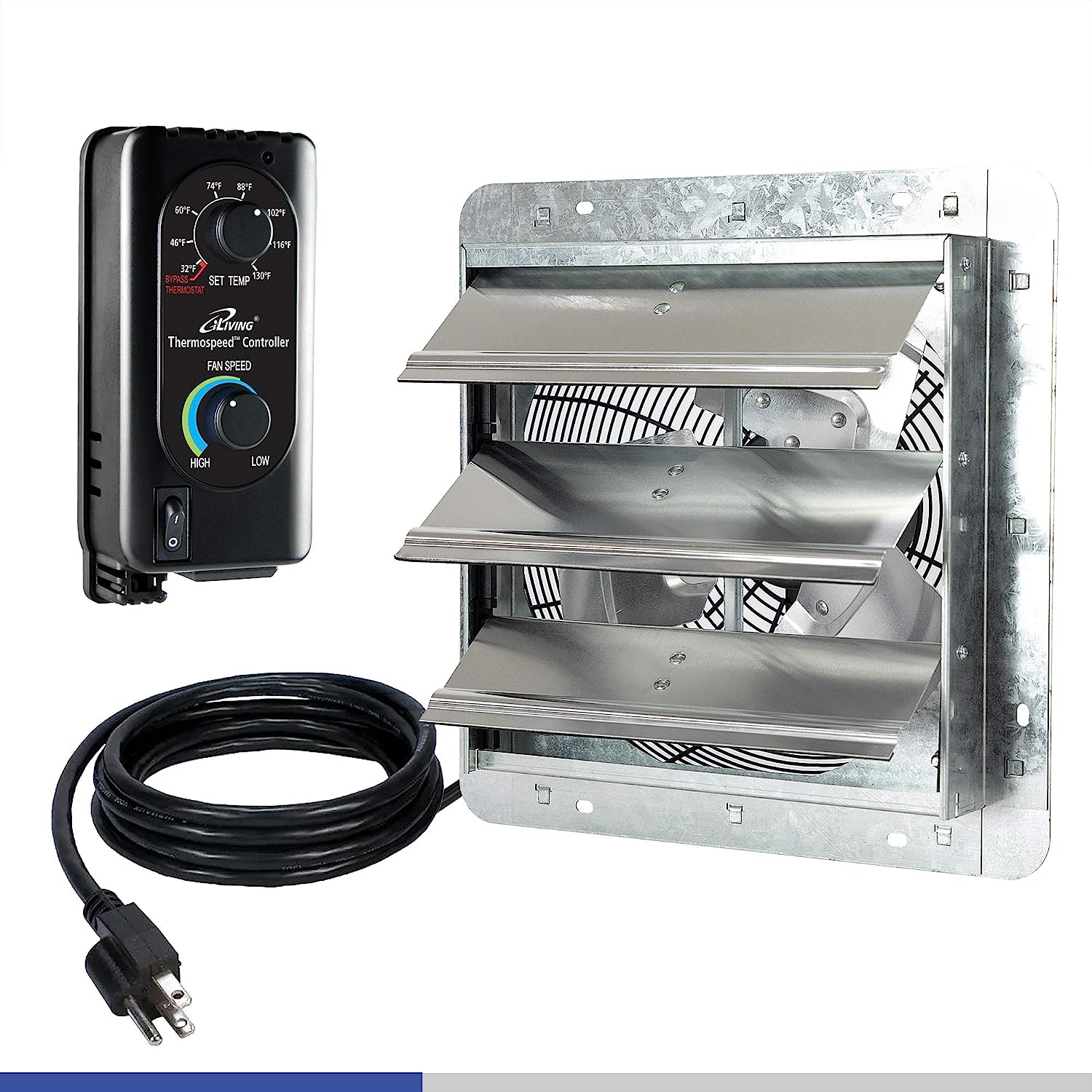 iLiving 10″ Wall Mounted Shutter Exhaust Fan. Automatic Shutter. with Thermostat and Variable Speed controller. 65W. 820 CFM. 1200 SQF Coverage Area Silver (ILG8SF10V-ST)