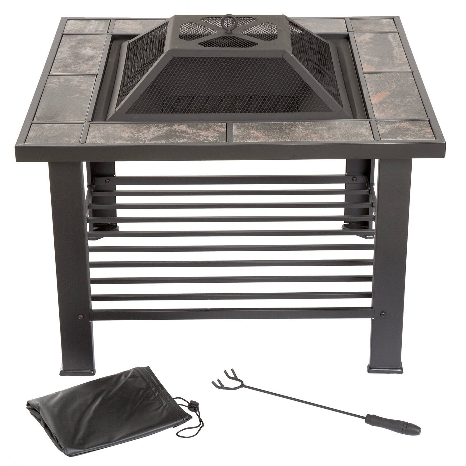 Fire Pit Table – 30-Inch Square Wood Burning Bonfire Pit with Marble Tile Edge. Spark Screen. Tile Fire Bowl Cover. Log Poker by Pure Garden (Black)