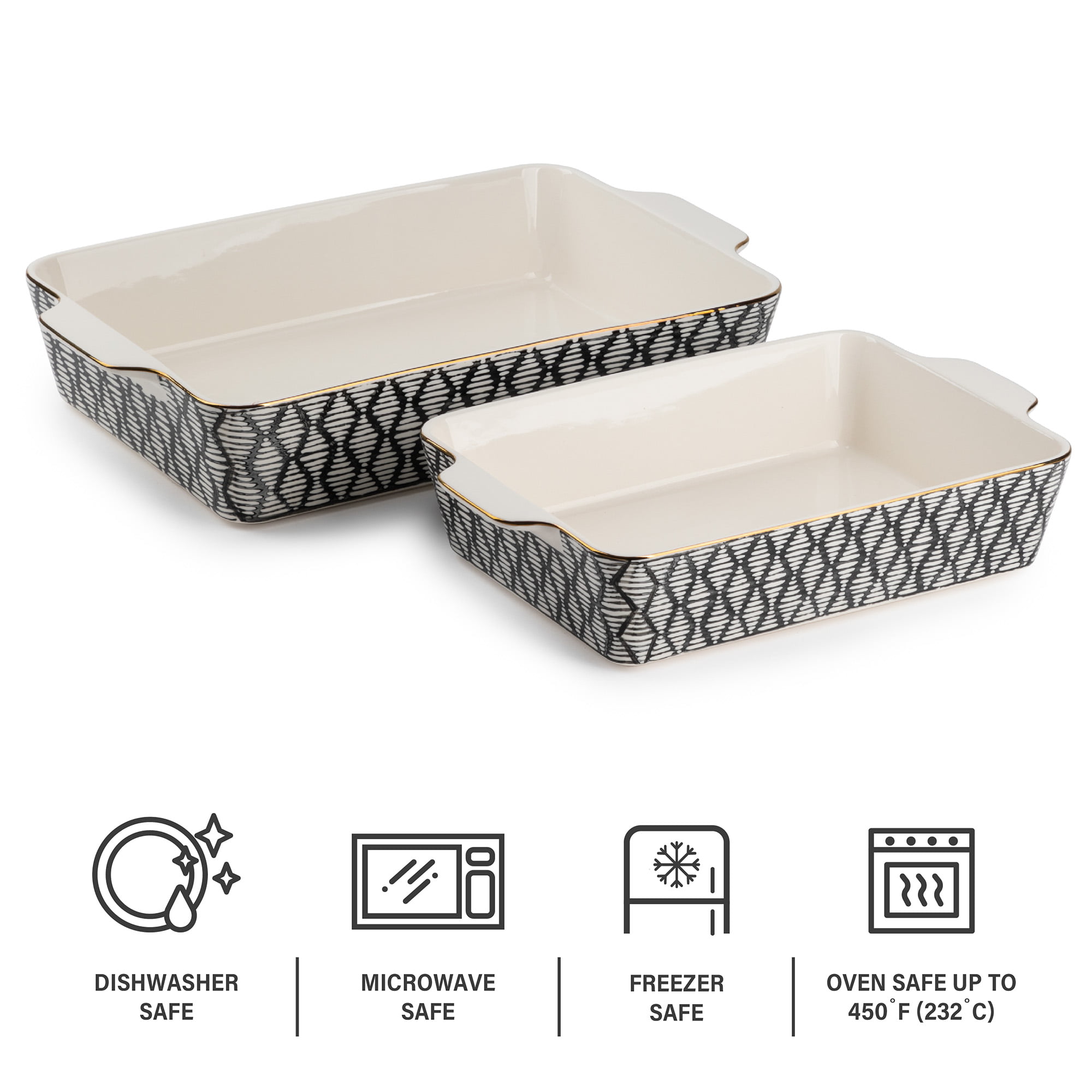 Thyme & Table Stoneware Rectangular Baker. Black & White Geo. 2-Piece Set
