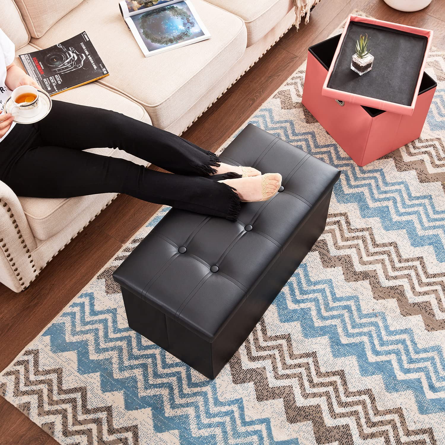 AEDILYS 30 inches Storage Ottoman Bench. Folding Footrest Shoe Bench with 109L Storage Space. Support 350lbs