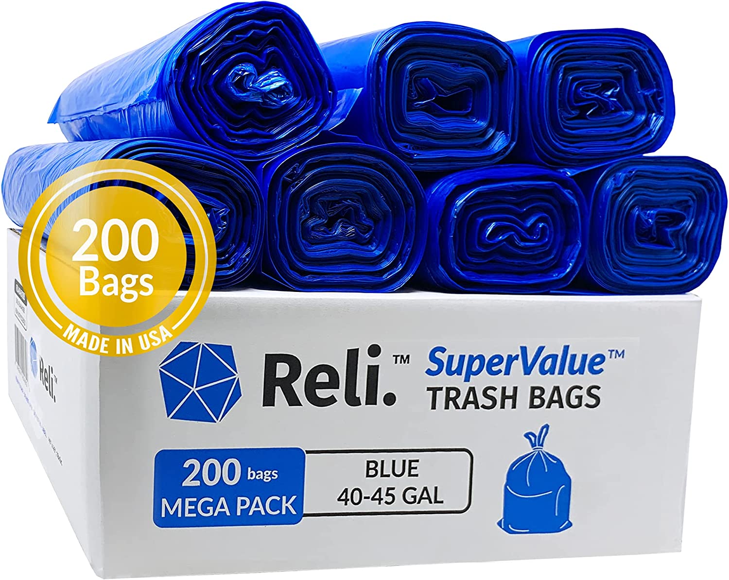 Reli. SuperValue 40-45 Gallon Recycling Bags (200 Count. Bulk) Blue Trash Bags for Recycling. Made in USA (40 Gallon - 42 Gallon - 45 Gallon Trash Bags) Large Garbage Bags/Can Liners 40-45 Gal. Blue