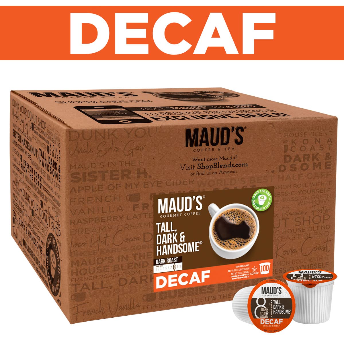 Maud-s Dark Roast Decaf Coffee (Decaf Tall Dark and Handsome) 100ct. Solar Energy Produced Recyclable Single Serve Decaf Dark Roast Coffee Pods. 100% Arabica Coffee California Roasted. KCup Compatible