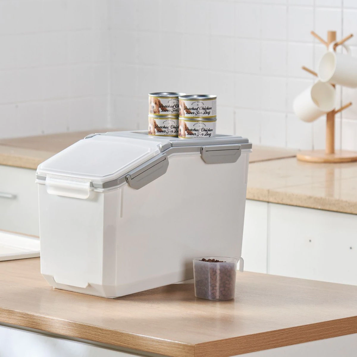 HANAMYA BPA Free Pet Food Storage Container & Measuring Cup 10lbs. White & Grey