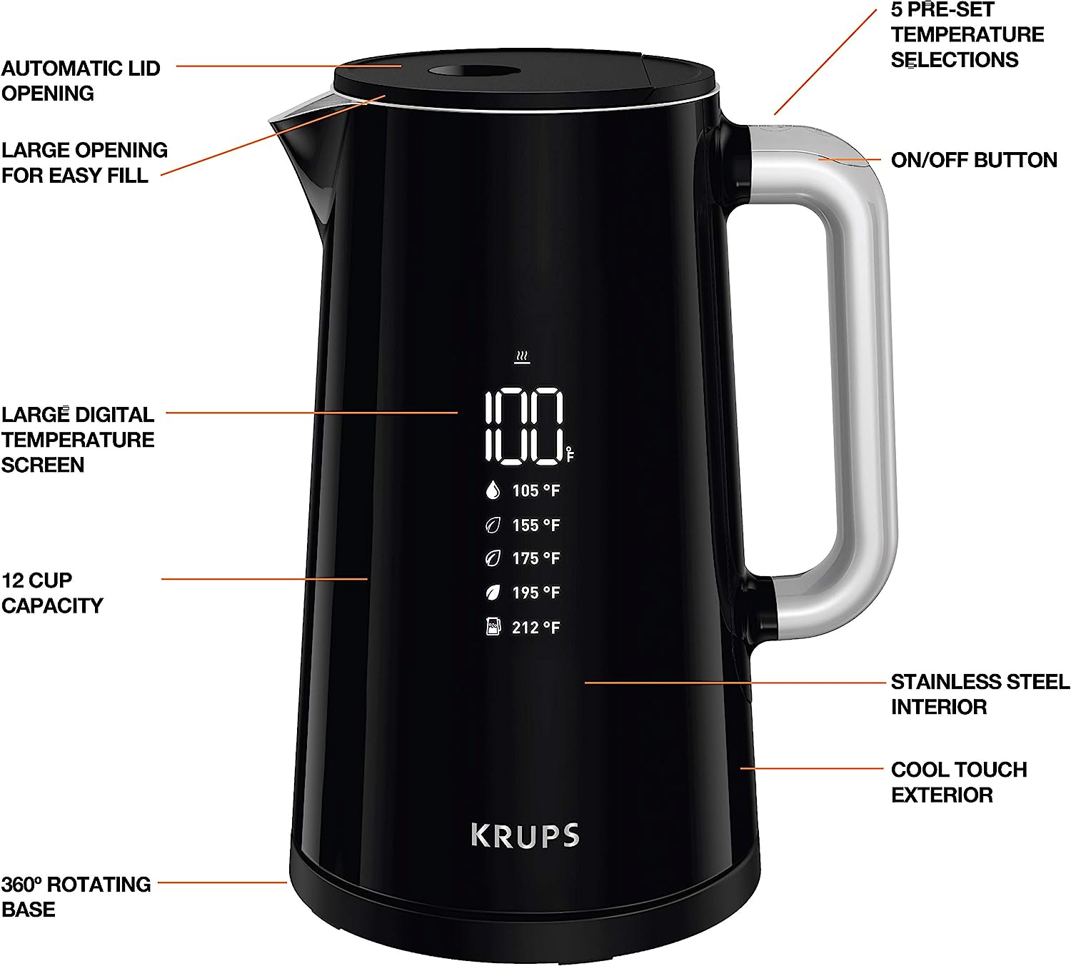 Krups Smart Temp Plastic and Stainless Steel Electric Kettle 1.7 Liter Adjustable Temperatures 1500 Watts Digital Control. Double Wall. Fast Boiling. Auto Off. Keep Warm. Cordless Black