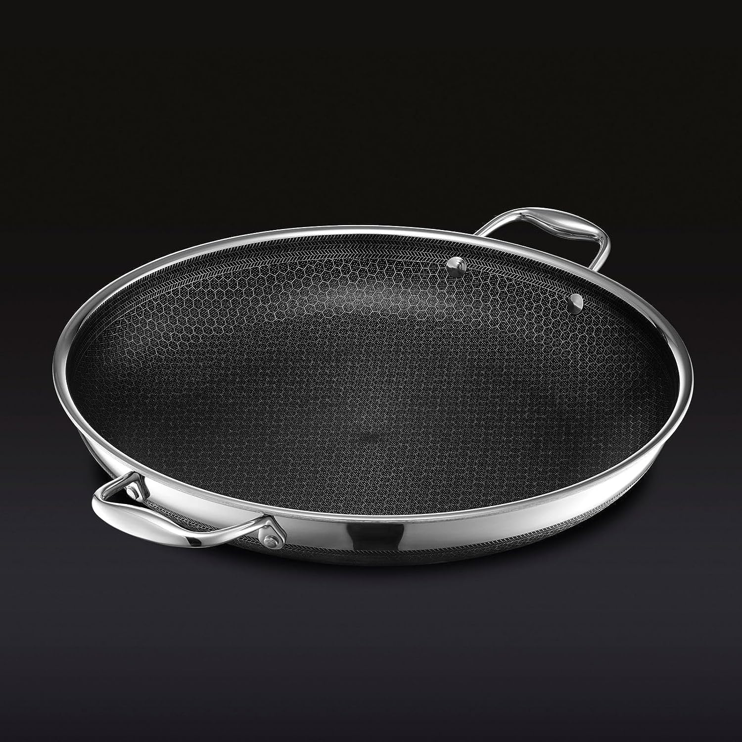 HexClad 14 Inch Hybrid Stainless Steel Frying Pan with Lid. Stay Cool Handles. Dishwasher and Oven Safe. Non-Stick. Works with Induction Cooktop. Gas. Ceramic. and Electric Stove