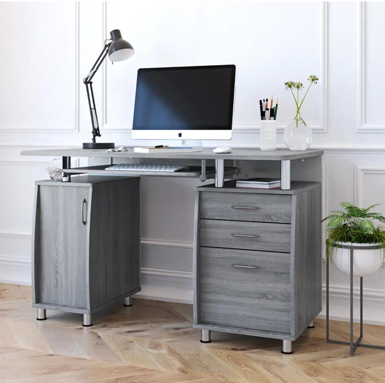 48 in. Rectangular Gray 3 Drawer Computer Desk with Keyboard Tray
