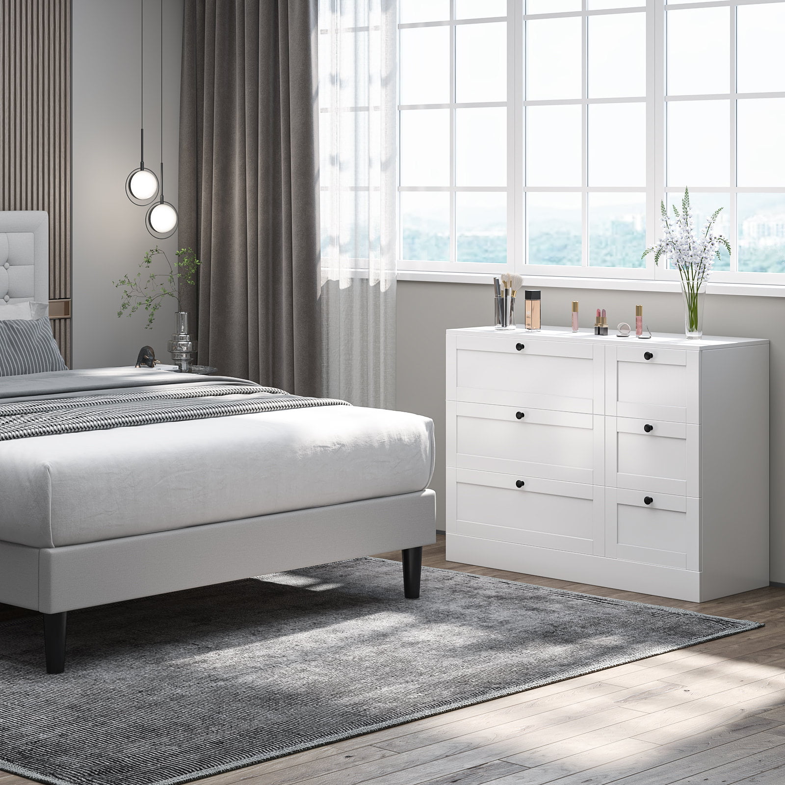 Homfa Storage Cabinet. 6 Drawer Dresser with Wide Space. Modern Closet Storage Drawers. Wooden Sideboard for Living Room. Bedroom. Dining Room. White