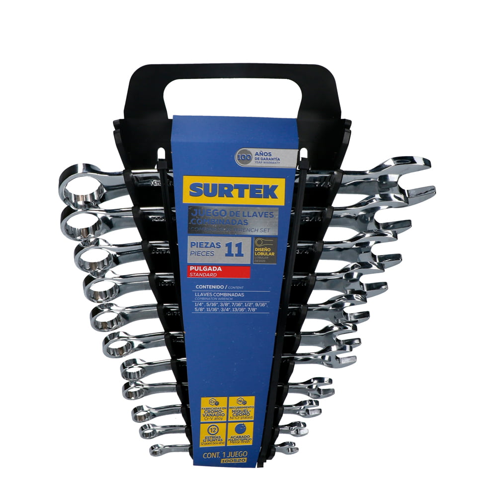 Surtek Mirror-polished combination wrench set. 11 pieces. 12 imperial bits rack