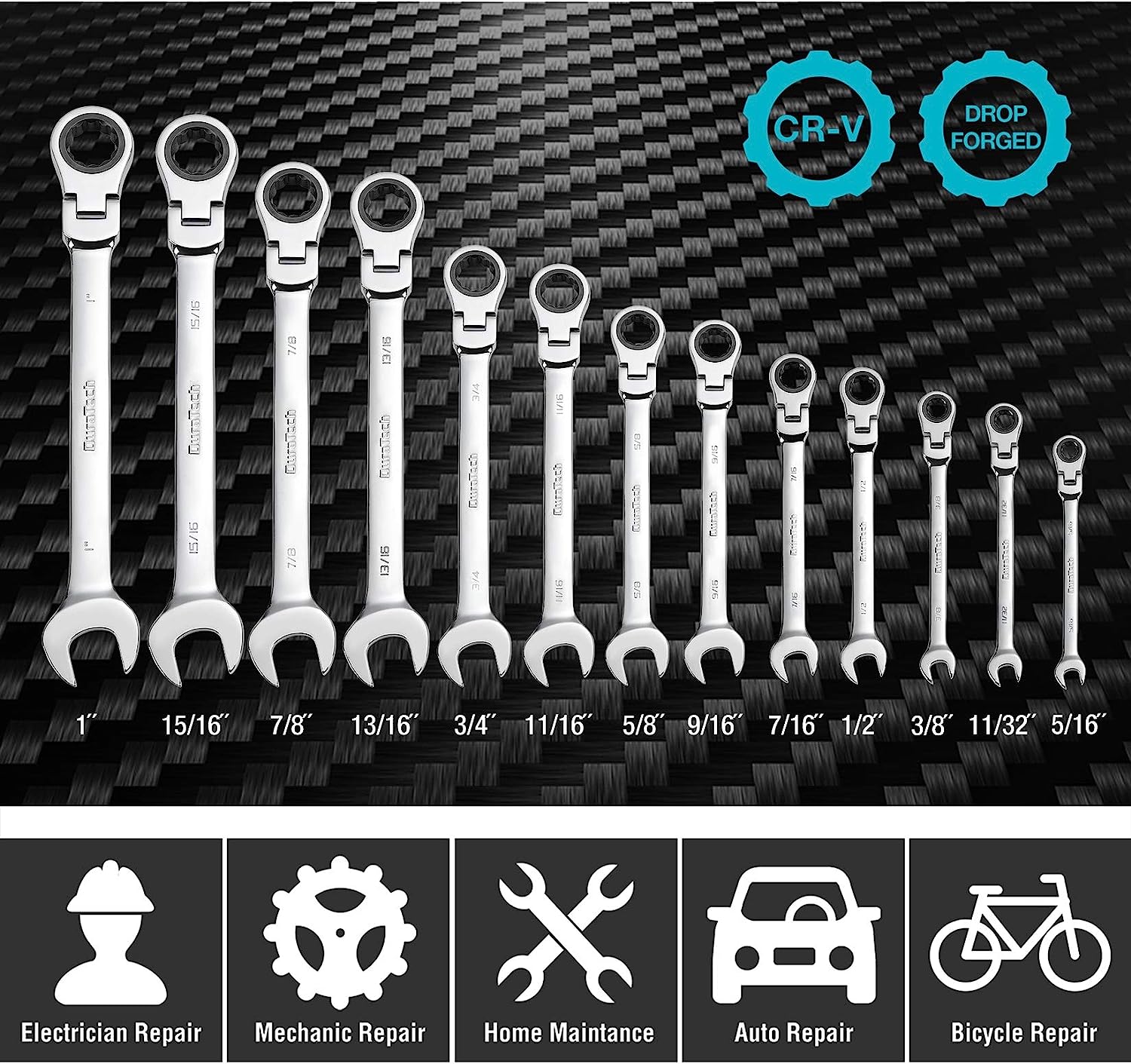 DURATECH Flex-Head Ratcheting Combination Wrench Set. SAE. 13-piece. 5/16” to 1”. CR-V Steel. with Rolling Pouch